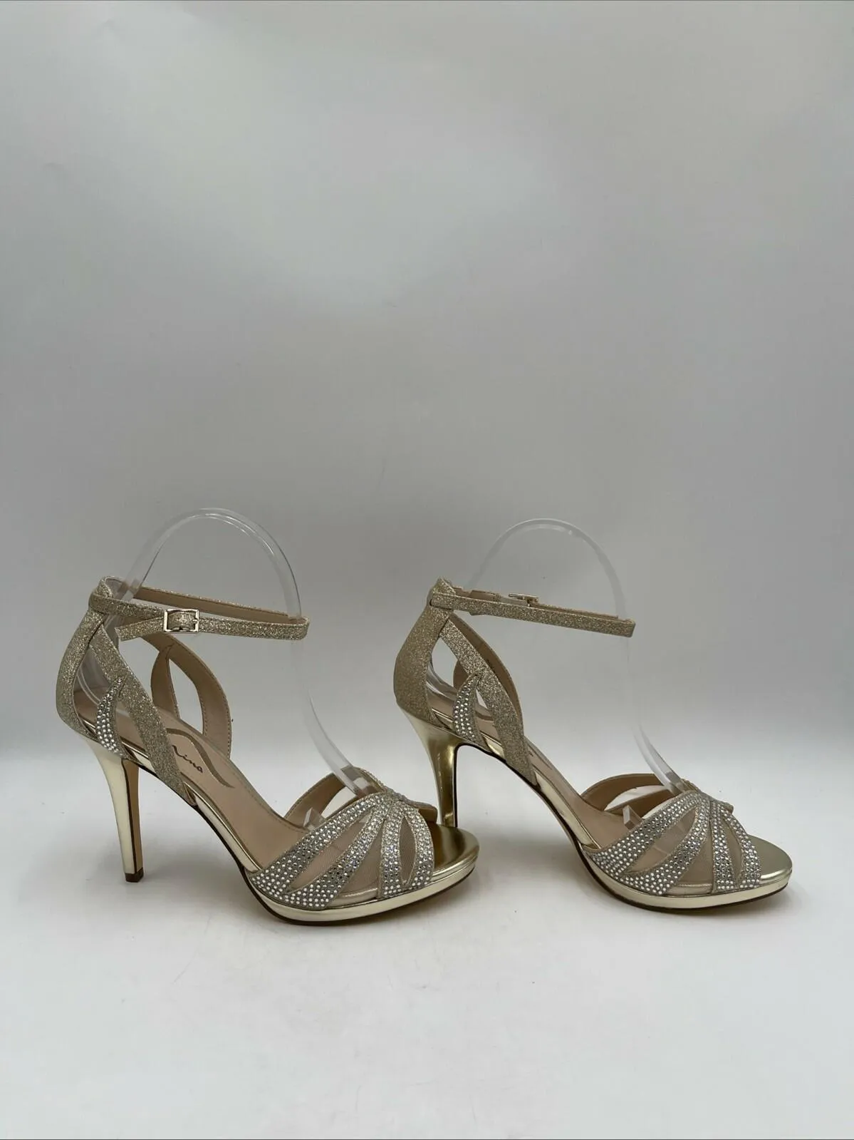 Nina RESSIE Womens Platino Glitter & Crystal High-Heel Platform Sandal Size 7.5M