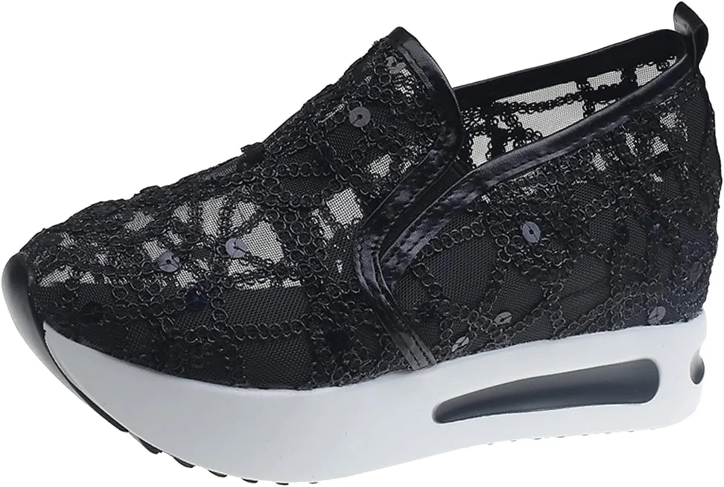 Ohxixhia Wedge Floral Walking Shoes Embroidery Floral Mesh Lace Chunky Sneakers Slip On Arch Support Shoes Fashion Sneakers