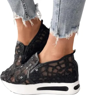Ohxixhia Wedge Floral Walking Shoes Embroidery Floral Mesh Lace Chunky Sneakers Slip On Arch Support Shoes Fashion Sneakers