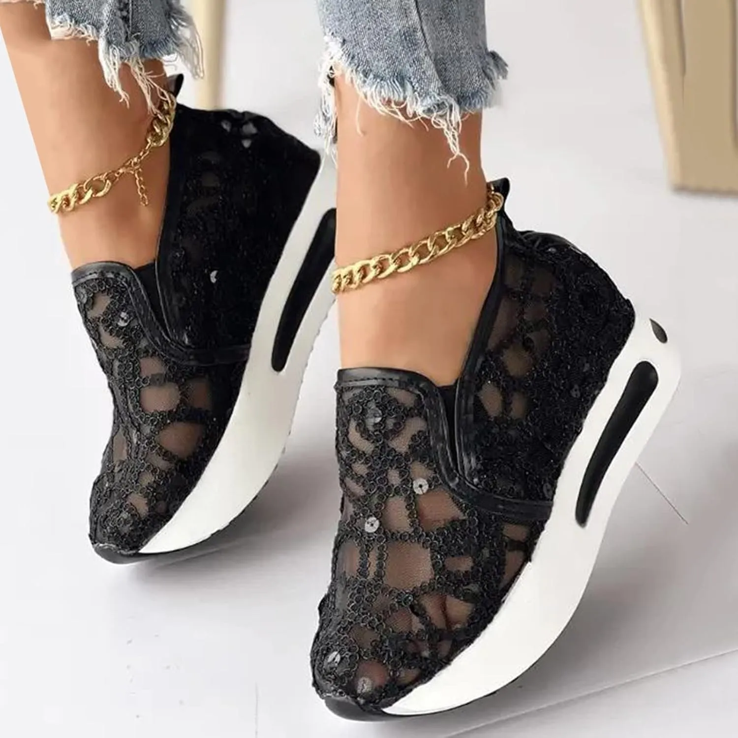 Ohxixhia Wedge Floral Walking Shoes Embroidery Floral Mesh Lace Chunky Sneakers Slip On Arch Support Shoes Fashion Sneakers