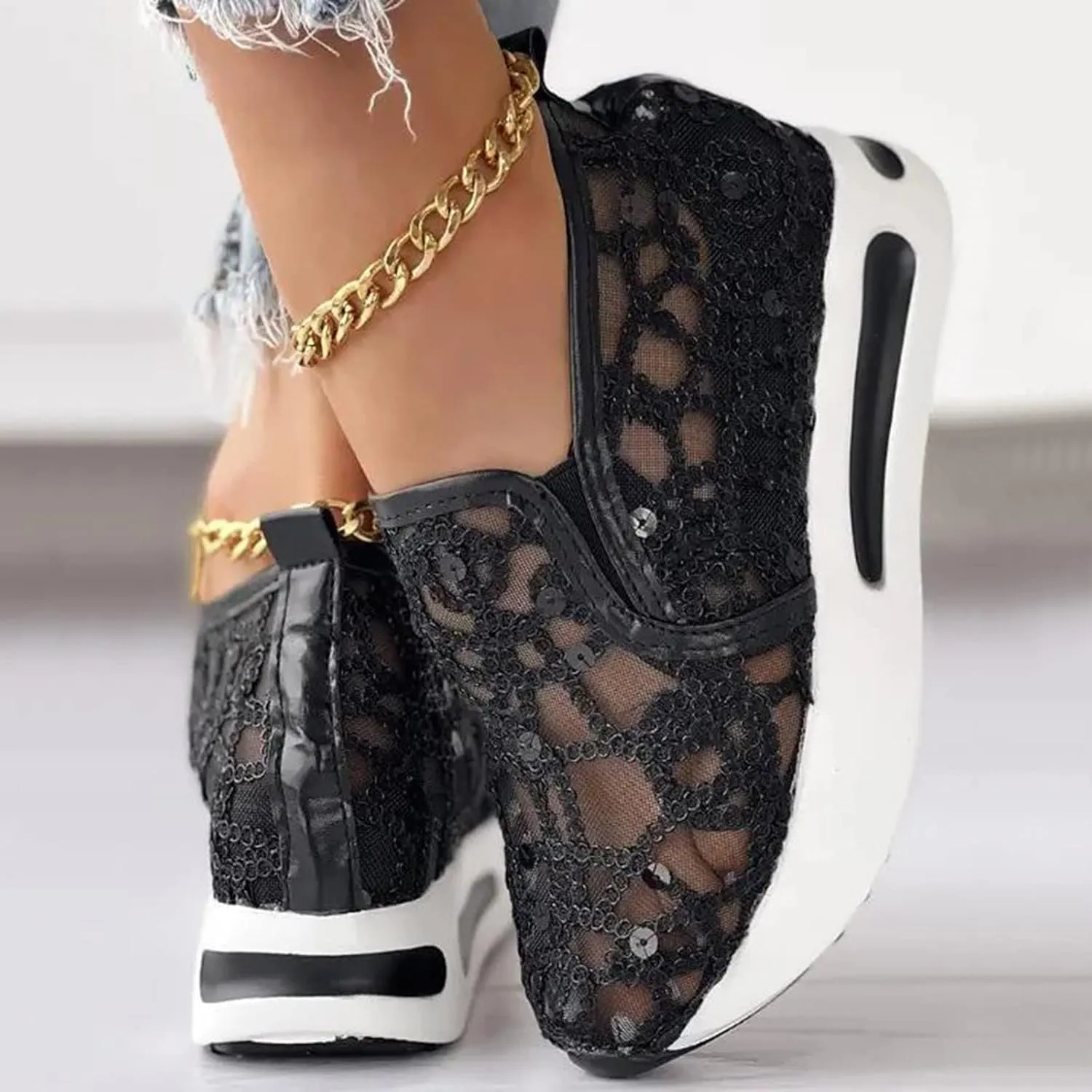 Ohxixhia Wedge Floral Walking Shoes Embroidery Floral Mesh Lace Chunky Sneakers Slip On Arch Support Shoes Fashion Sneakers