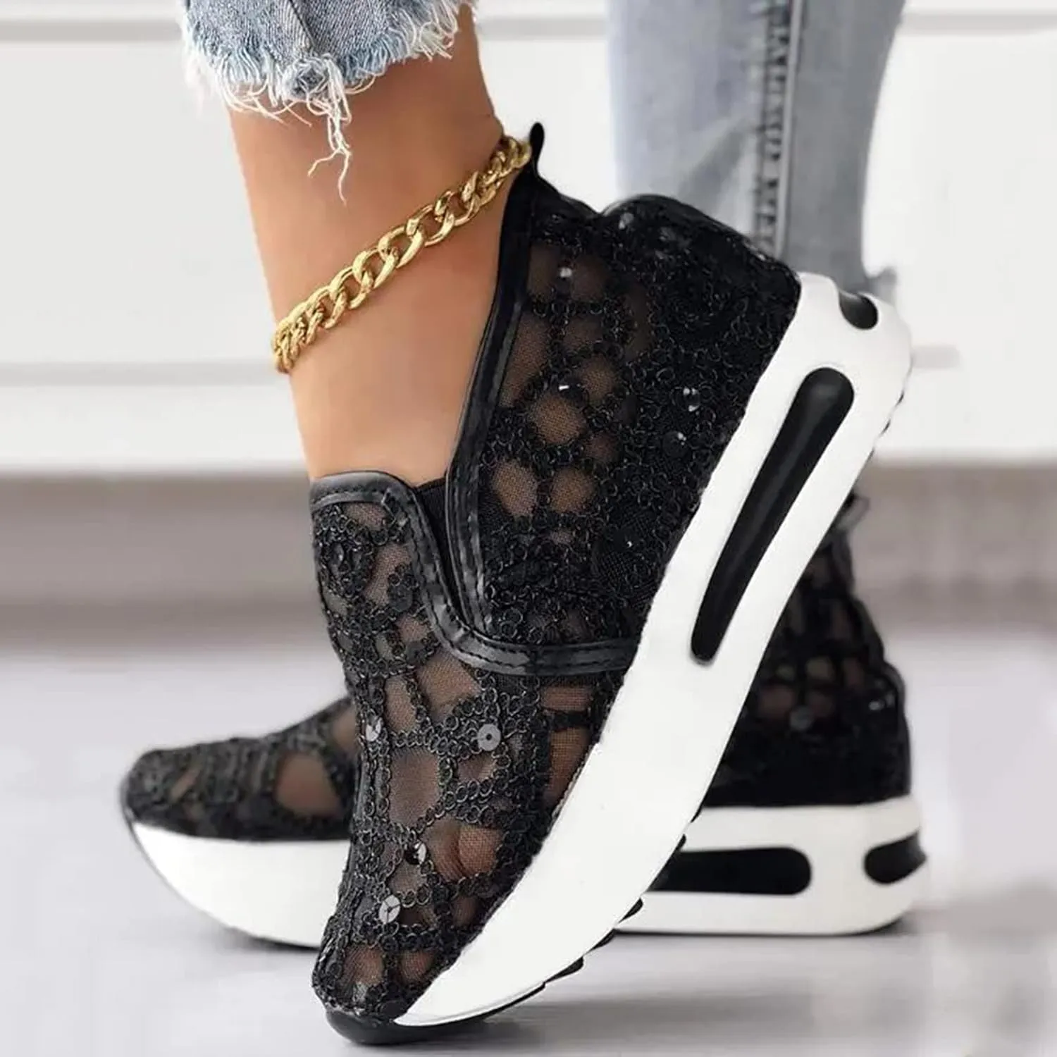 Ohxixhia Wedge Floral Walking Shoes Embroidery Floral Mesh Lace Chunky Sneakers Slip On Arch Support Shoes Fashion Sneakers