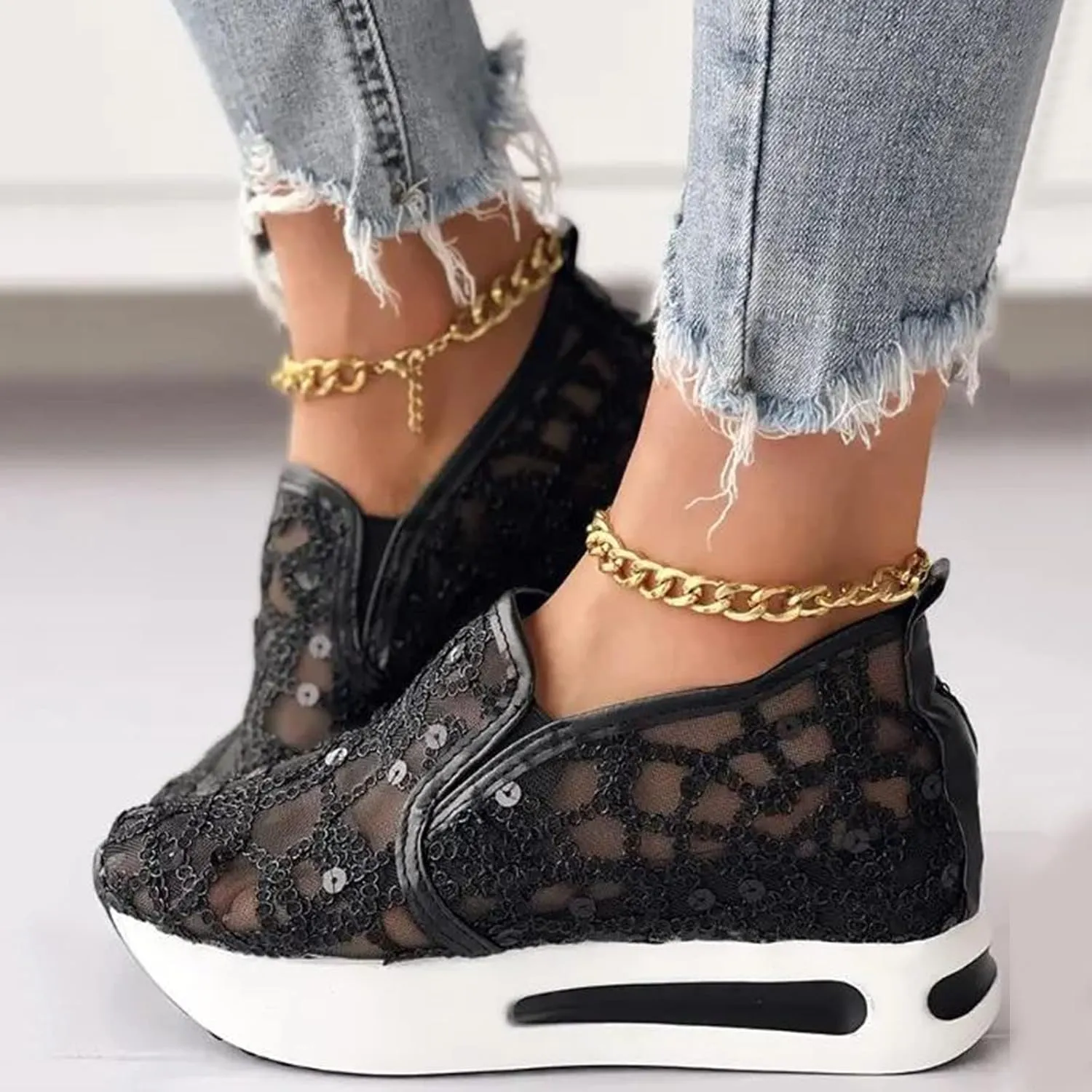 Ohxixhia Wedge Floral Walking Shoes Embroidery Floral Mesh Lace Chunky Sneakers Slip On Arch Support Shoes Fashion Sneakers