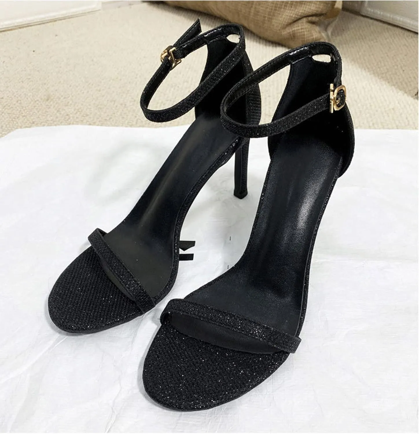 oiangi Womens Glitter Flock Stiletto Sandals Summer Ankle Strap Thin Band Strap Buckle High Heels Sexy Temperament Ladies Casual Shoes Sandalias