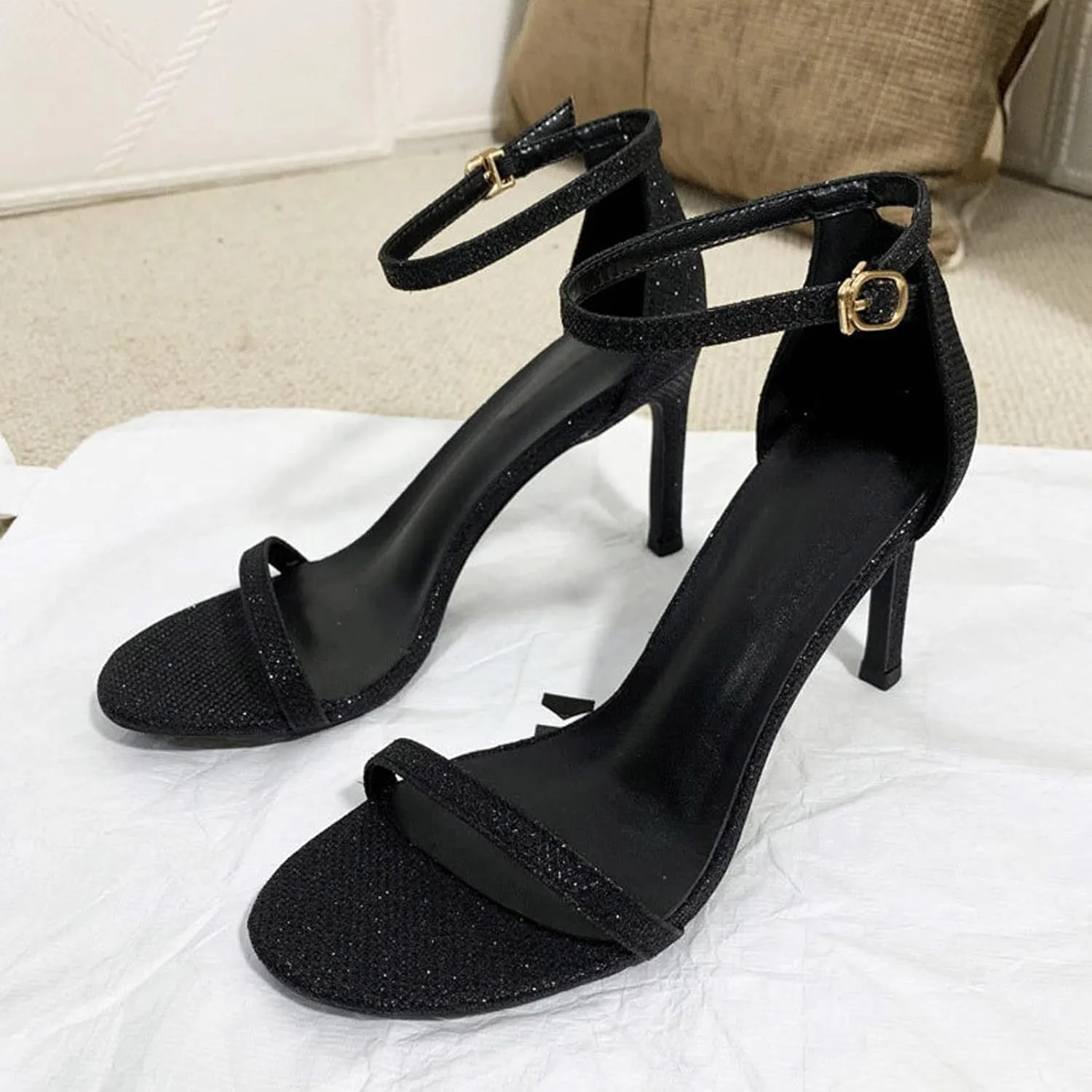 oiangi Womens Glitter Flock Stiletto Sandals Summer Ankle Strap Thin Band Strap Buckle High Heels Sexy Temperament Ladies Casual Shoes Sandalias