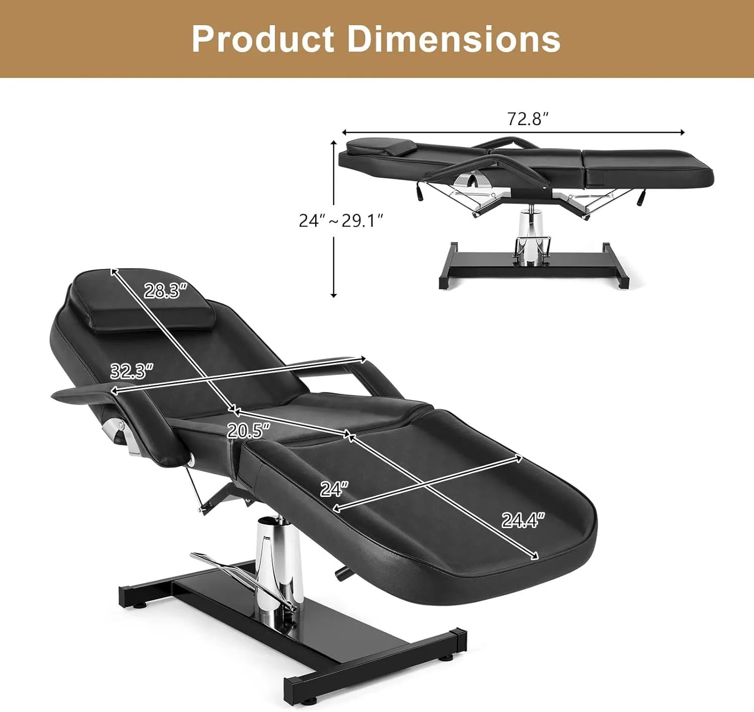 OmySalon Hydraulic Tattoo Chair Esthetician Bed w/Stool, Multi-Purpose 3-Section Facial Bed Table, Adjustable Beauty Salon Spa Massage Beauty Equipment, Black