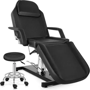 OmySalon Hydraulic Tattoo Chair Esthetician Bed w/Stool, Multi-Purpose 3-Section Facial Bed Table, Adjustable Beauty Salon Spa Massage Beauty Equipment, Black