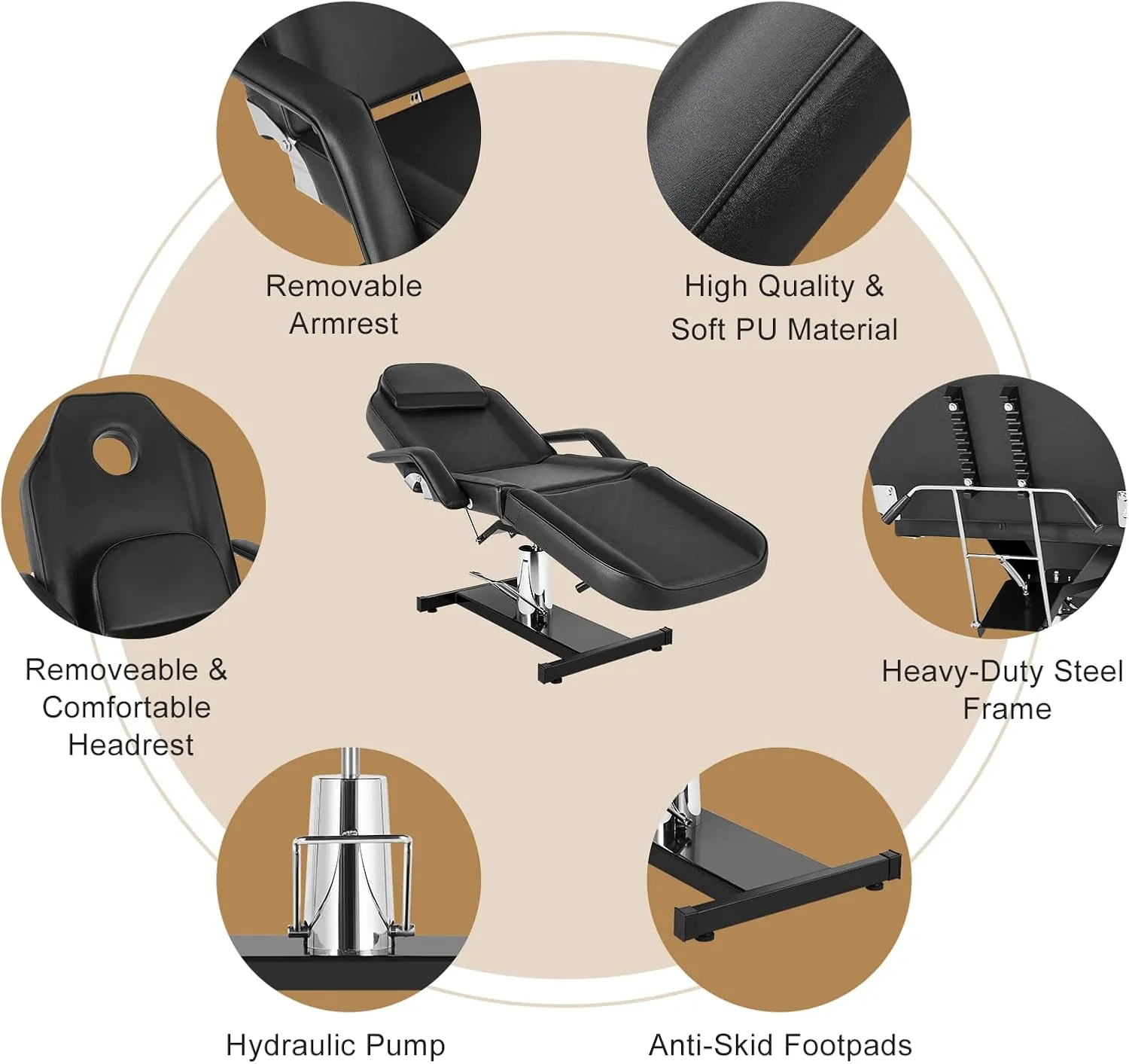 OmySalon Hydraulic Tattoo Chair Esthetician Bed w/Stool, Multi-Purpose 3-Section Facial Bed Table, Adjustable Beauty Salon Spa Massage Beauty Equipment, Black
