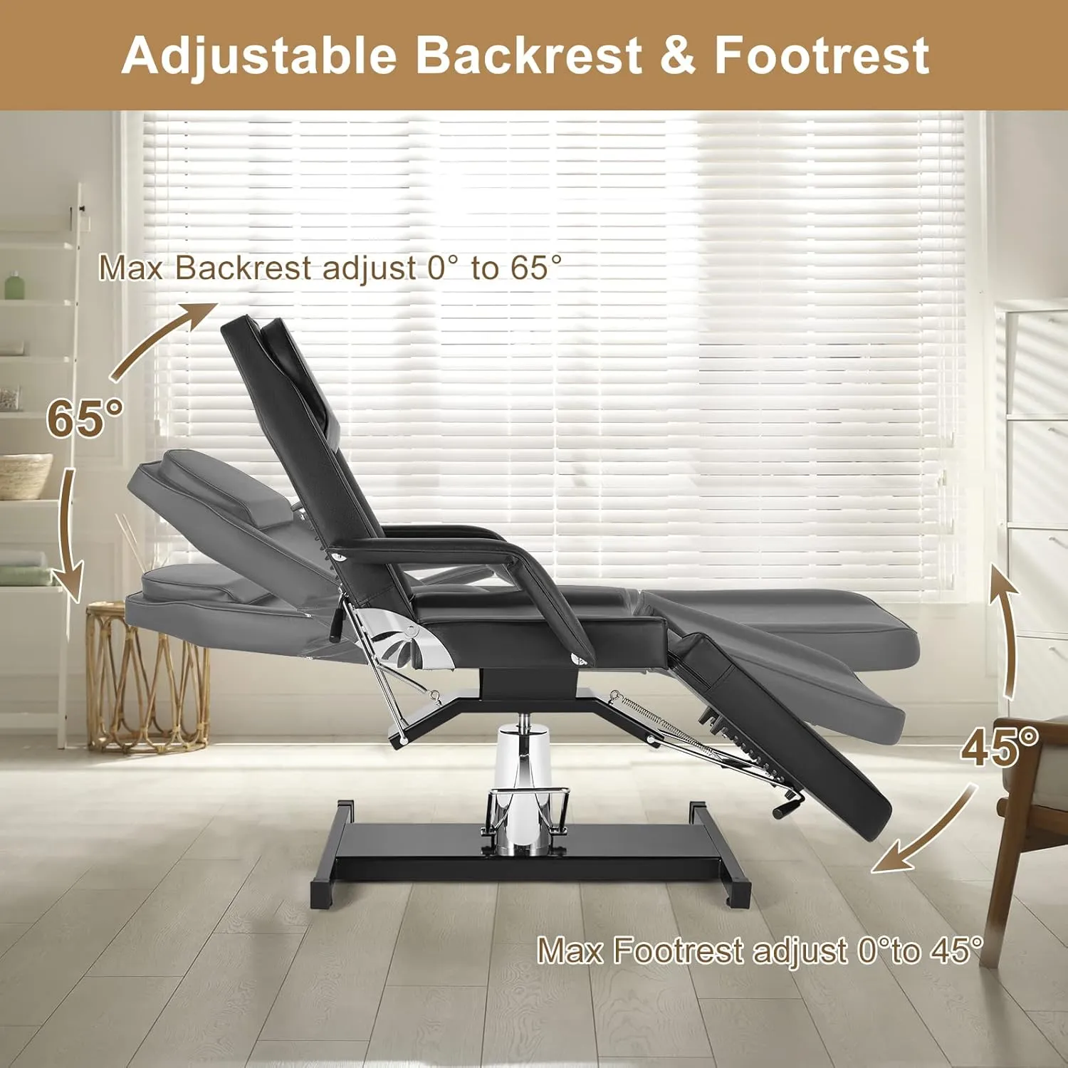 OmySalon Hydraulic Tattoo Chair Esthetician Bed w/Stool, Multi-Purpose 3-Section Facial Bed Table, Adjustable Beauty Salon Spa Massage Beauty Equipment, Black