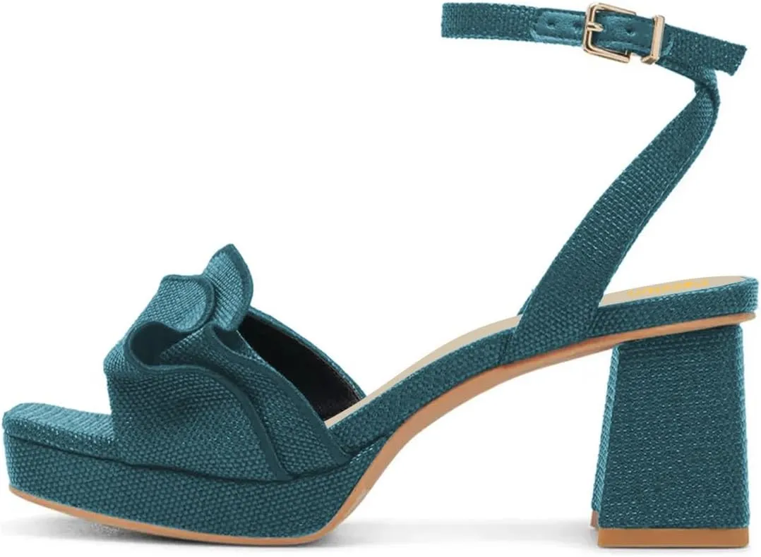 Pazzion Women Platform Square Toe Pleated Ruffle Sandal Block High Heel Strap Buckle Pumps Sexy Club Prom Casual Shoes Size 4-16 US