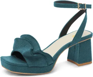 Pazzion Women Platform Square Toe Pleated Ruffle Sandal Block High Heel Strap Buckle Pumps Sexy Club Prom Casual Shoes Size 4-16 US