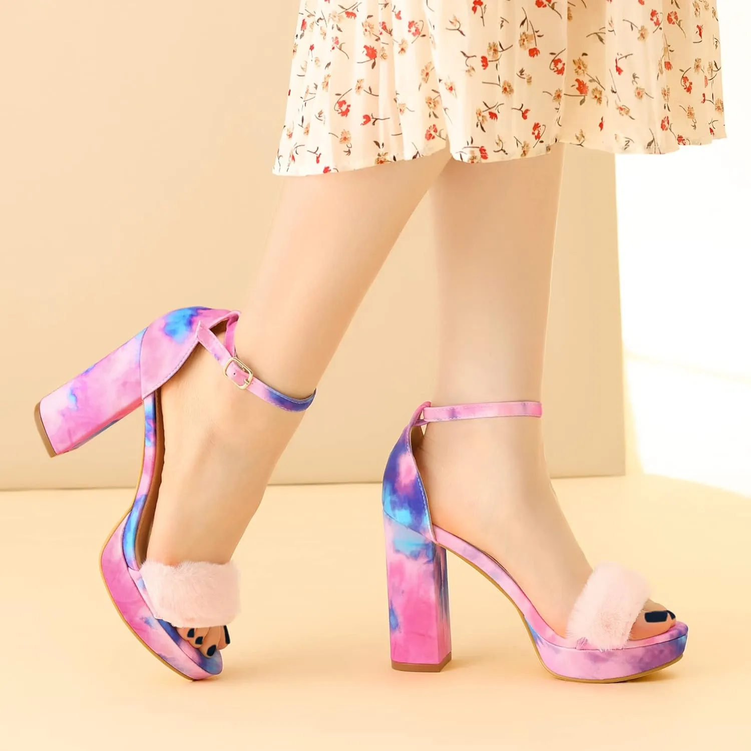 Perphy Tie Dye Faux Fur Chunky Heels Platform Sandals for Women