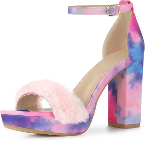 Perphy Tie Dye Faux Fur Chunky Heels Platform Sandals for Women