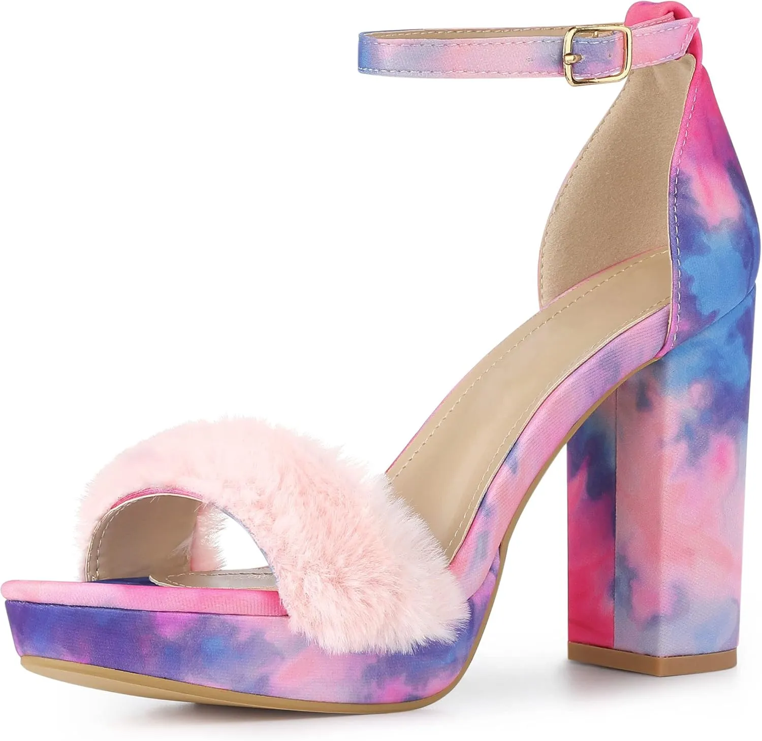 Perphy Tie Dye Faux Fur Chunky Heels Platform Sandals for Women