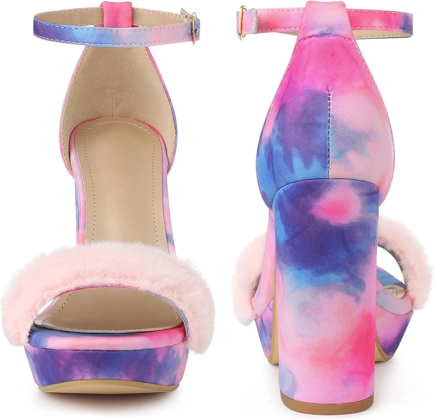 Perphy Tie Dye Faux Fur Chunky Heels Platform Sandals for Women