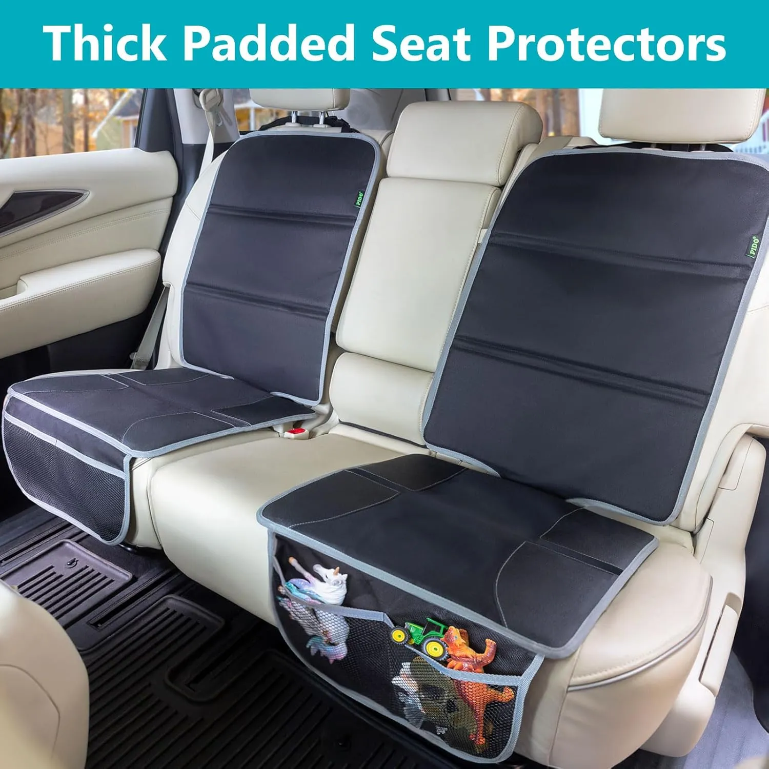 PIDO Car Seat Protector, 2 Pack Car Seat Mat for Leather Interiors, Thick Padded Layer with Waterproof Fabric and Storage Pockets, Gray