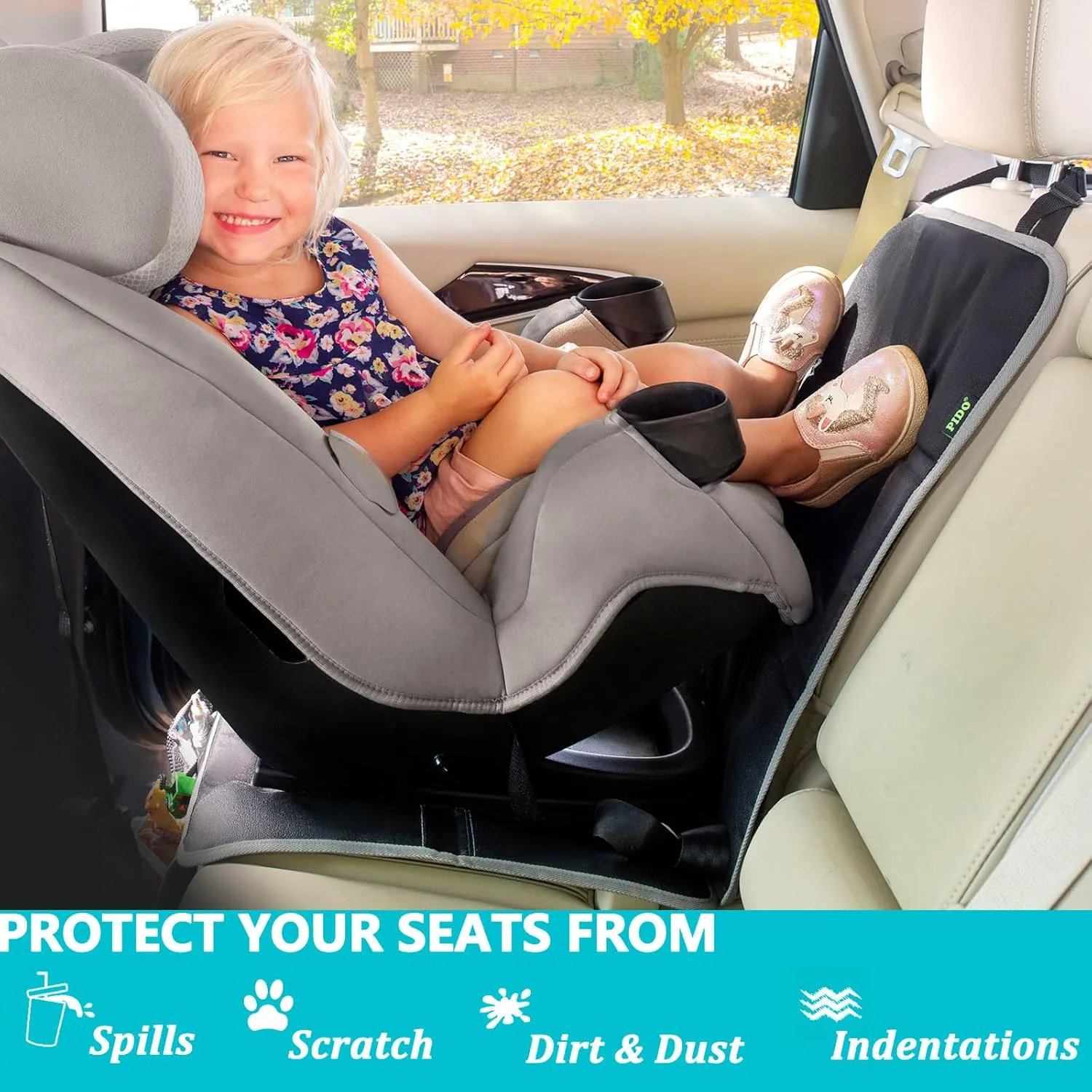 PIDO Car Seat Protector, 2 Pack Car Seat Mat for Leather Interiors, Thick Padded Layer with Waterproof Fabric and Storage Pockets, Gray