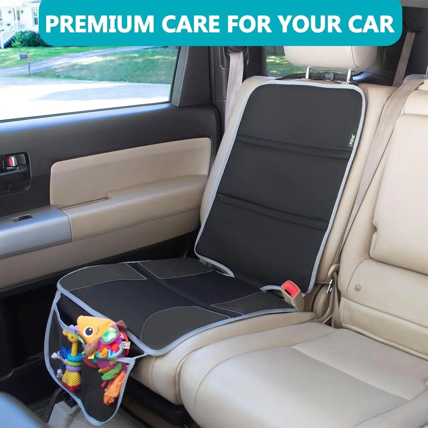 PIDO Car Seat Protector, 2 Pack Car Seat Mat for Leather Interiors, Thick Padded Layer with Waterproof Fabric and Storage Pockets, Gray
