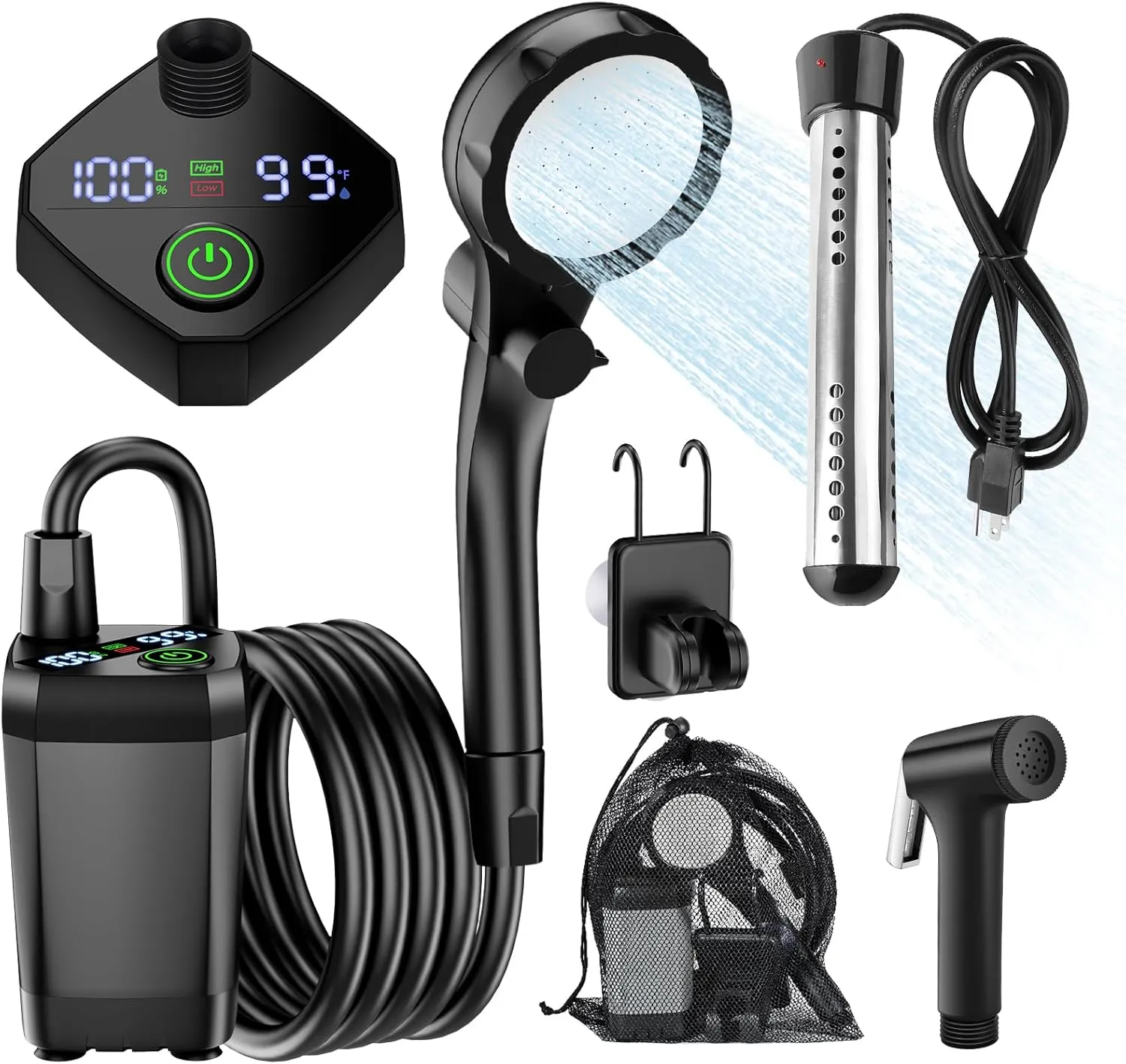 Portable Camping Shower with Heater, Long-Lasting 6000mAh Rechargeable Camping Shower with Sprayer Head,4 Spray Modes,IPX7 Waterproof Outdoor Camp Pump for Hiking, Travel, Car, Pet