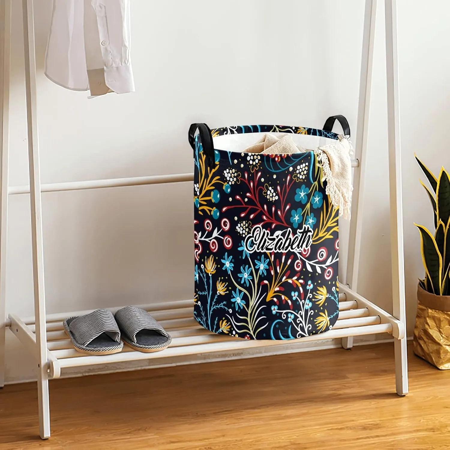 Retro Floral Personalized Waterproof Foldable Laundry Basket Bag with Handle, Custom Collapsible Clothes Hamper Storage Bin for Toys Laundry Dorm Travel Bathroom