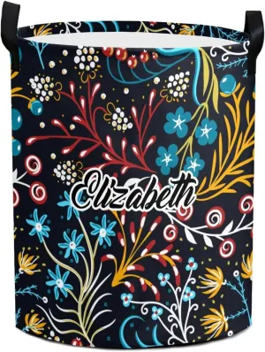 Retro Floral Personalized Waterproof Foldable Laundry Basket Bag with Handle, Custom Collapsible Clothes Hamper Storage Bin for Toys Laundry Dorm Travel Bathroom