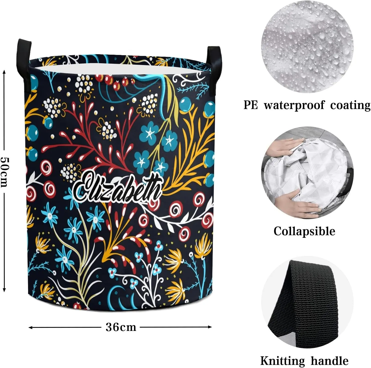 Retro Floral Personalized Waterproof Foldable Laundry Basket Bag with Handle, Custom Collapsible Clothes Hamper Storage Bin for Toys Laundry Dorm Travel Bathroom