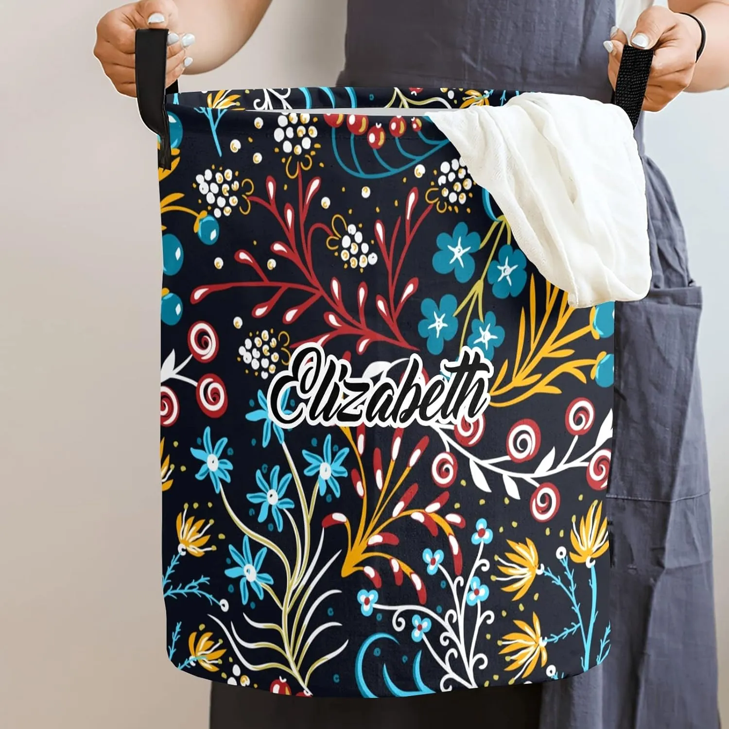 Retro Floral Personalized Waterproof Foldable Laundry Basket Bag with Handle, Custom Collapsible Clothes Hamper Storage Bin for Toys Laundry Dorm Travel Bathroom