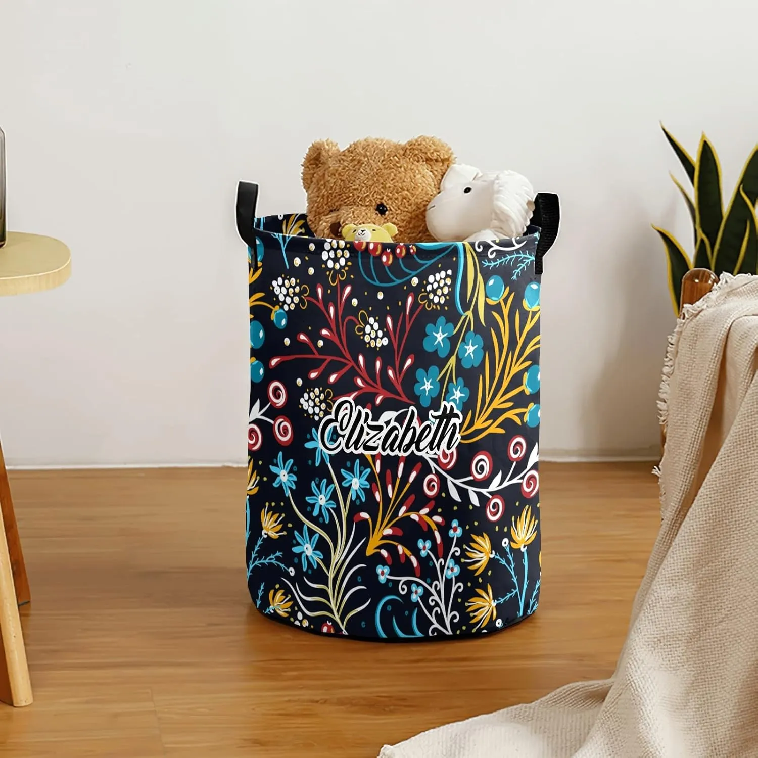 Retro Floral Personalized Waterproof Foldable Laundry Basket Bag with Handle, Custom Collapsible Clothes Hamper Storage Bin for Toys Laundry Dorm Travel Bathroom