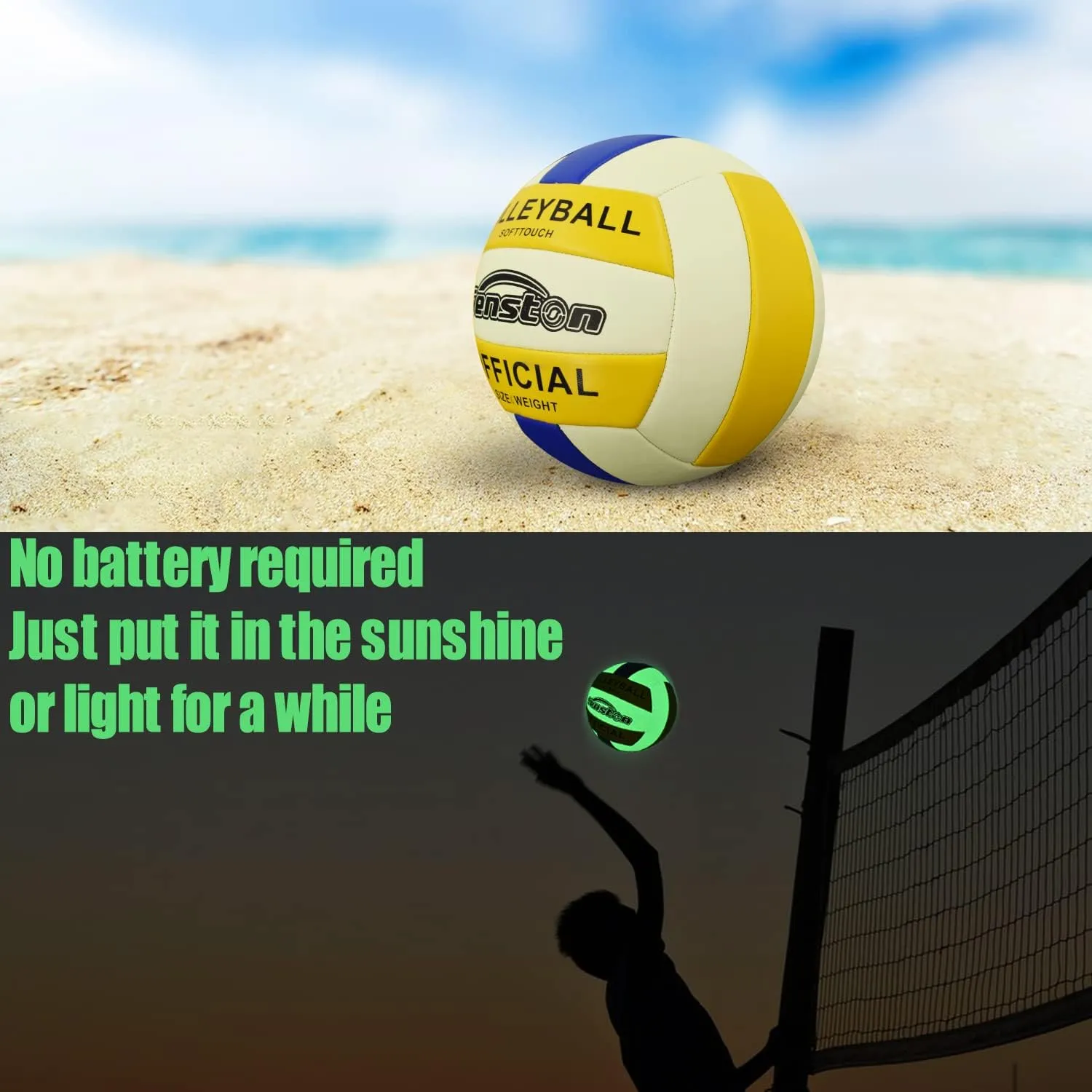 Senston Glow in The Dark Volleyball Size 5 Indoor Outdoor，Glowing Leather Night Volleyball with Pump
