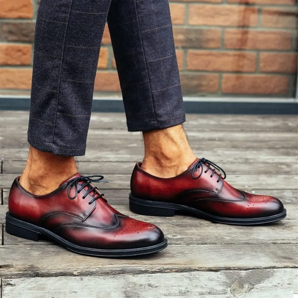 Single Season Dress Oxford Shoes for Men Lace Up Brogue Embossed Wing-tip Round Toe Cowhide Block Heel Slip Resistant Low Top Non Slip Anti-Slip Business Very Popular Among Young People