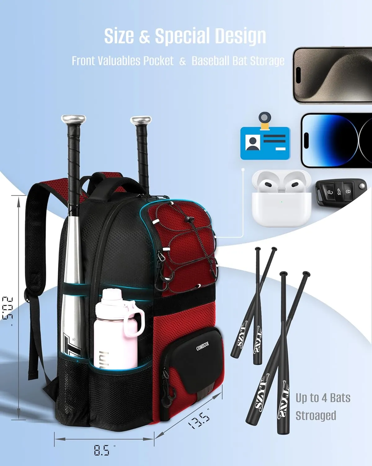 Softball Bag, Lightweight Baseball Backpack with Shoes Compartment, Baseball Bat Bags with Fence Hook for TBall Bat & Equipment, for Batting Mitten, Helmet, for Girls, Boys, Youth, Adults