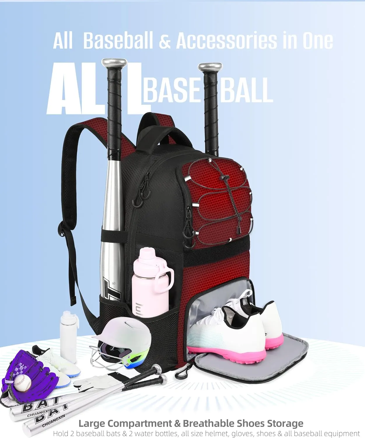 Softball Bag, Lightweight Baseball Backpack with Shoes Compartment, Baseball Bat Bags with Fence Hook for TBall Bat & Equipment, for Batting Mitten, Helmet, for Girls, Boys, Youth, Adults