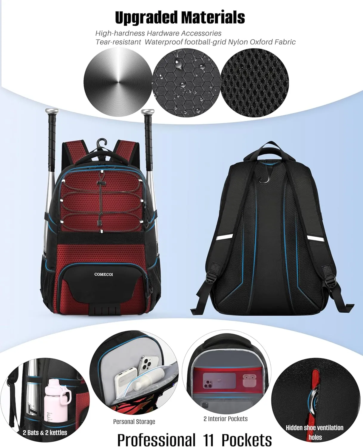 Softball Bag, Lightweight Baseball Backpack with Shoes Compartment, Baseball Bat Bags with Fence Hook for TBall Bat & Equipment, for Batting Mitten, Helmet, for Girls, Boys, Youth, Adults