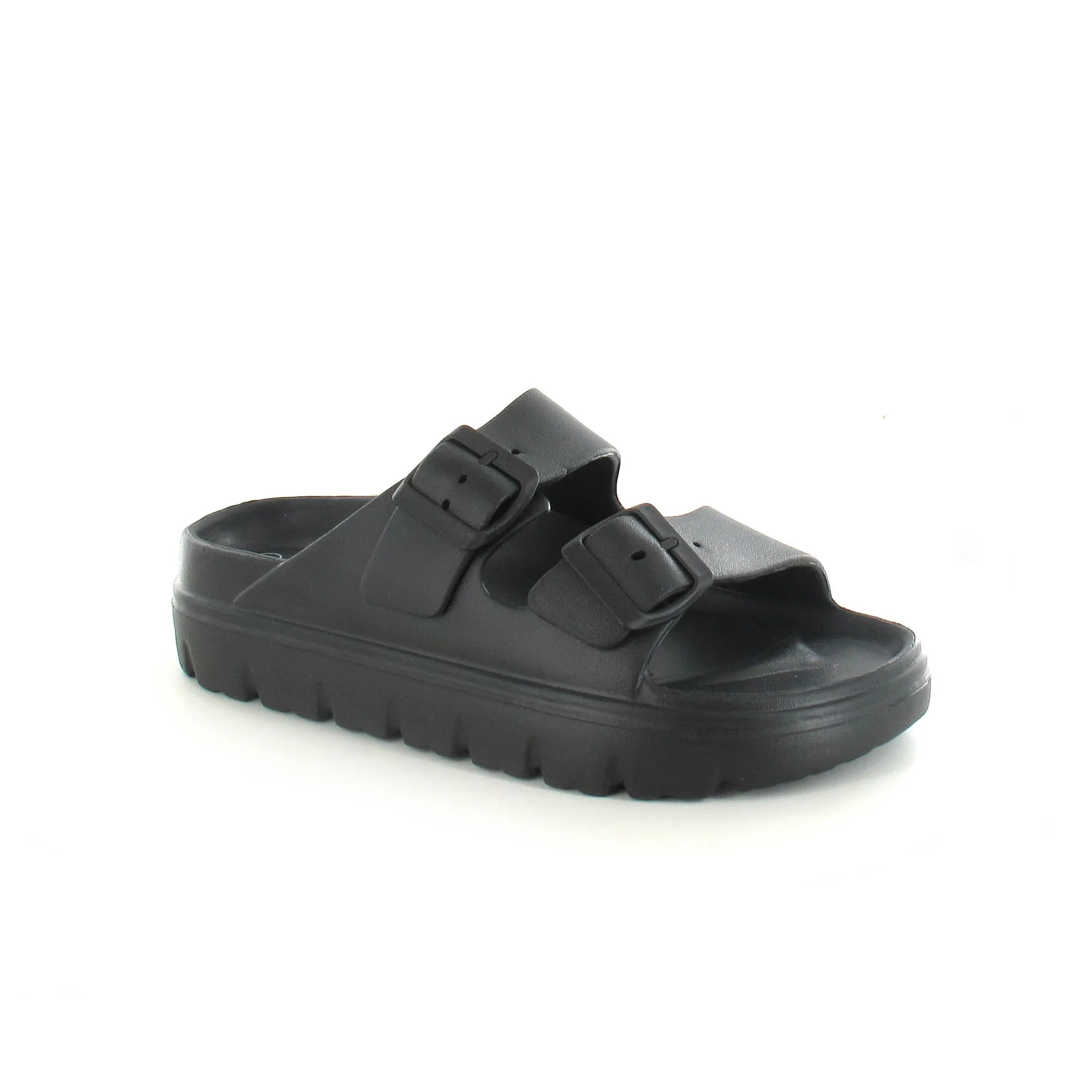 Sophia: Women's Double Buckle Two Strap Slides - Black