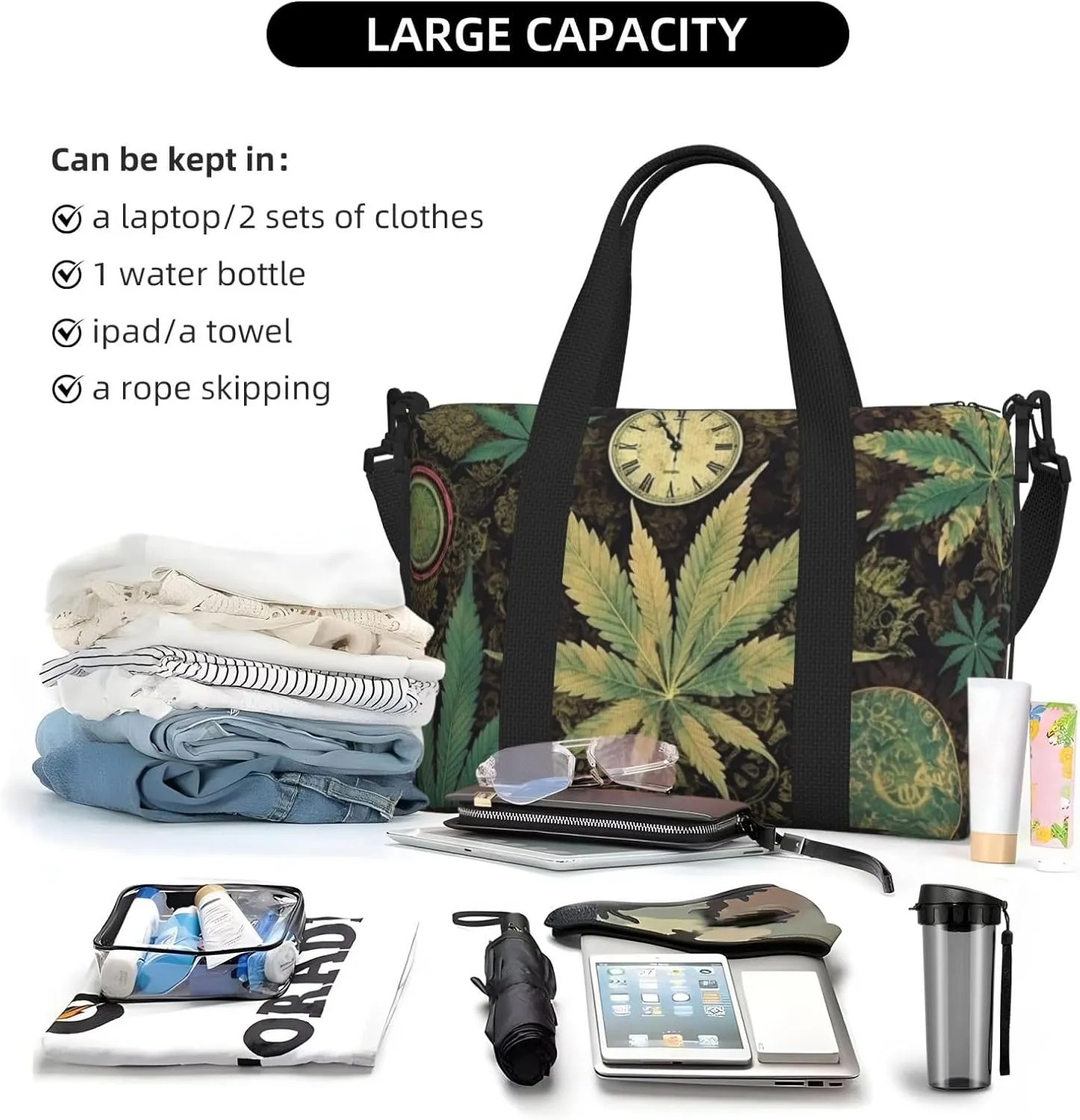 Sports Gym Bag for Women Men Travel Duffel Bag Tote A Puff in Time Weed Marijuana Weekender Bag Canvas Carry on Overnight Bag for Travel Swimming Fitness Workout Sports Duffle Bag