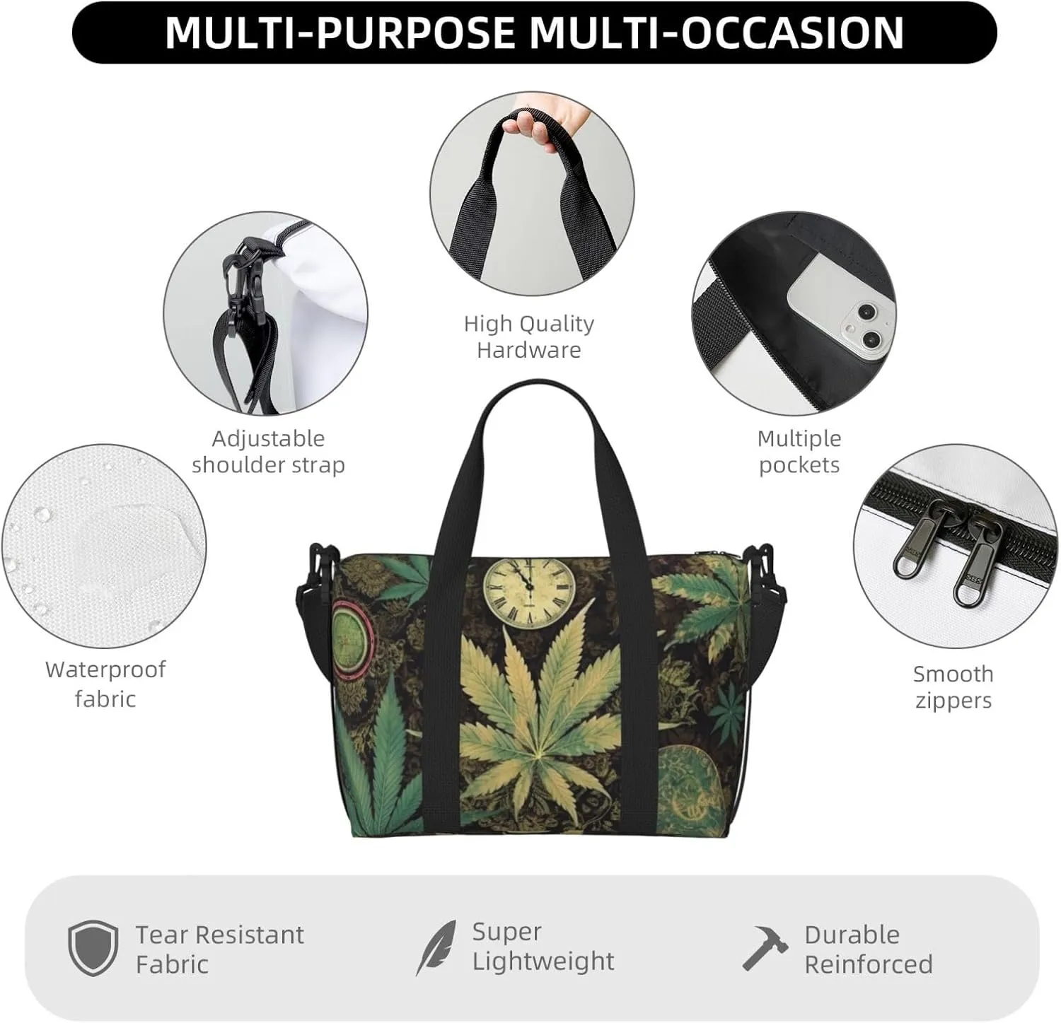 Sports Gym Bag for Women Men Travel Duffel Bag Tote A Puff in Time Weed Marijuana Weekender Bag Canvas Carry on Overnight Bag for Travel Swimming Fitness Workout Sports Duffle Bag