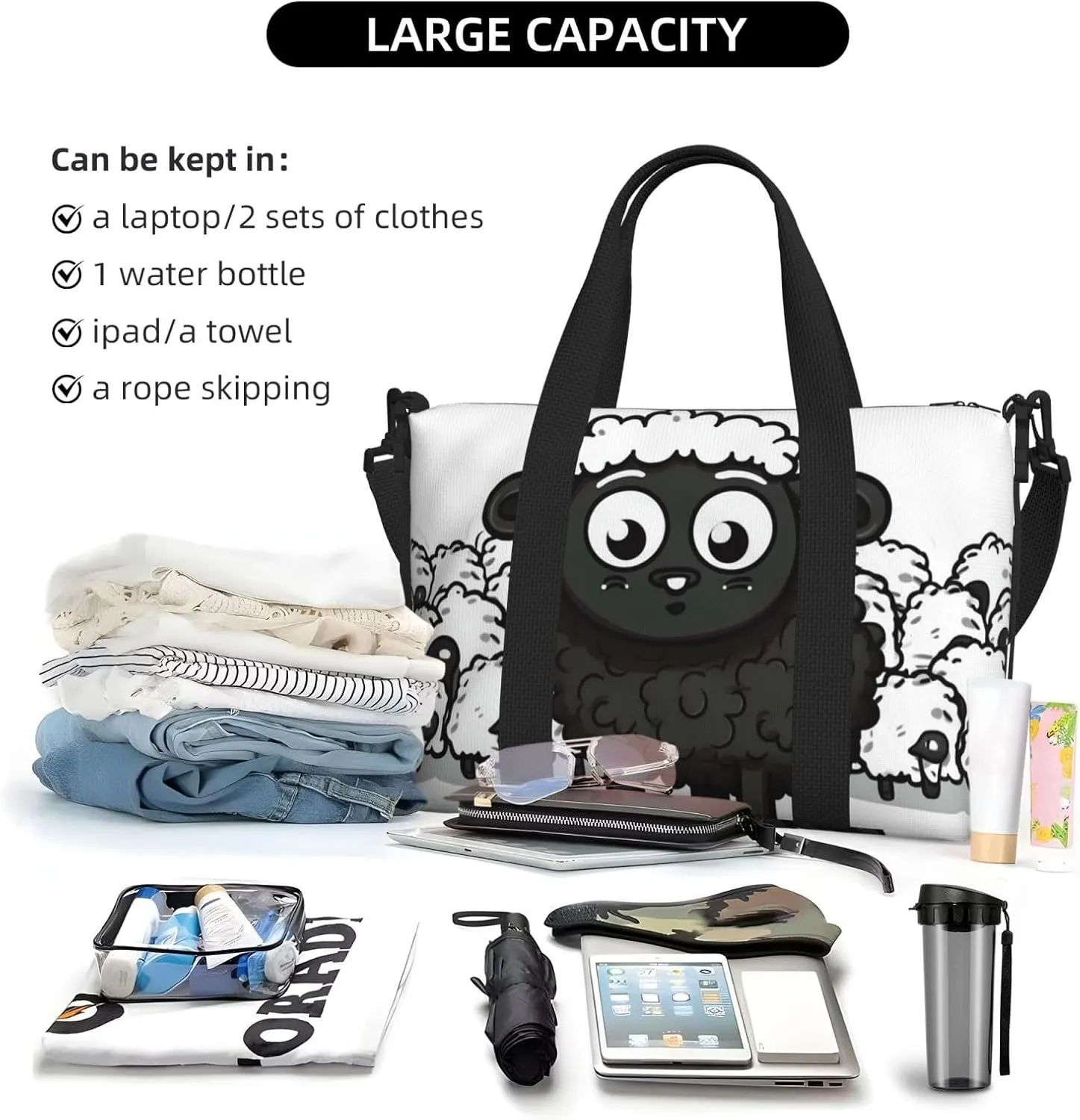 Sports Gym Bag for Women Men Travel Duffel Bag Tote Cartoon Black White Sheep Weekender Bag Canvas Carry on Overnight Bag for Travel Swimming Fitness Workout Sports Duffle Bag
