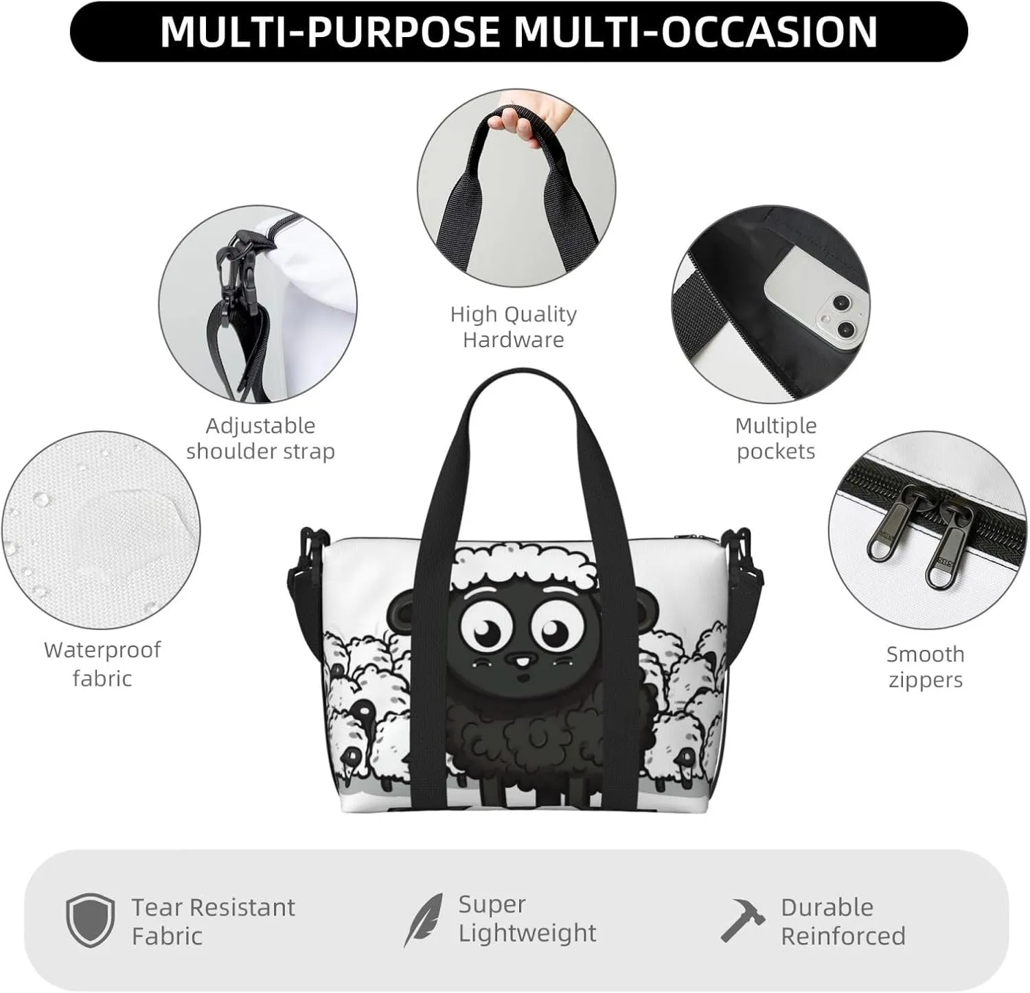 Sports Gym Bag for Women Men Travel Duffel Bag Tote Cartoon Black White Sheep Weekender Bag Canvas Carry on Overnight Bag for Travel Swimming Fitness Workout Sports Duffle Bag