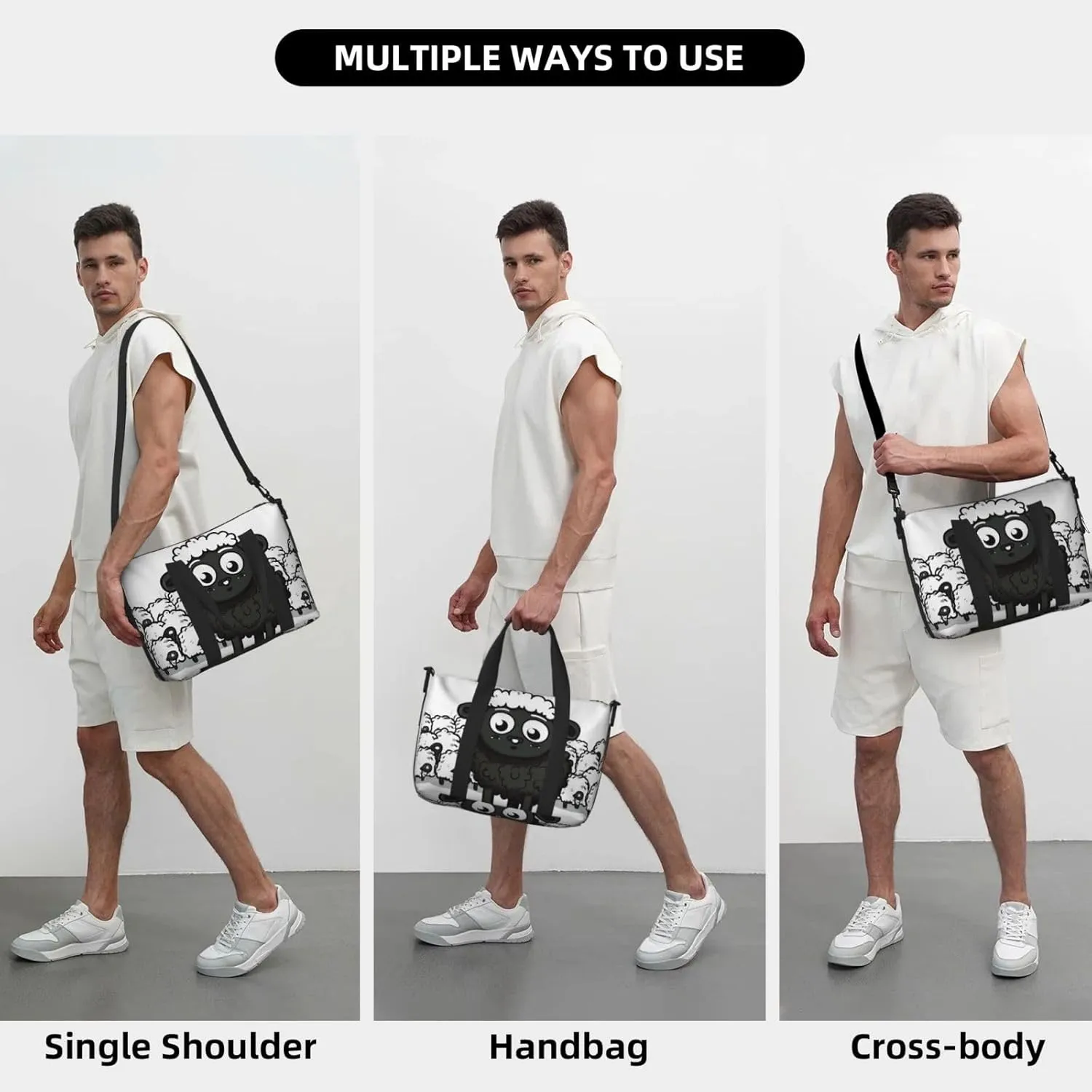 Sports Gym Bag for Women Men Travel Duffel Bag Tote Cartoon Black White Sheep Weekender Bag Canvas Carry on Overnight Bag for Travel Swimming Fitness Workout Sports Duffle Bag