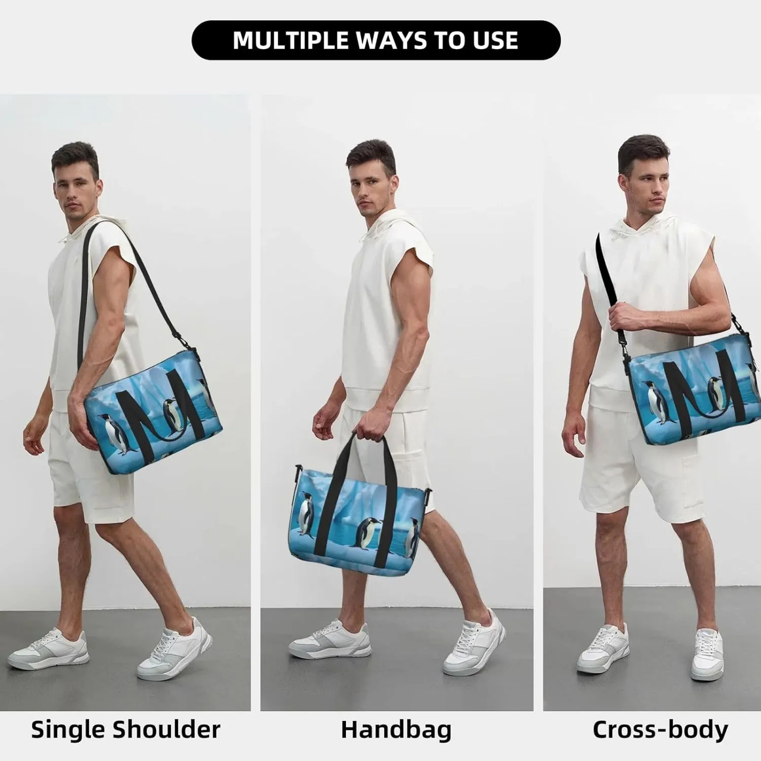Sports Gym Bag for Women Men Travel Duffel Bag Tote Penguins On The Iceberg Weekender Bag Canvas Carry on Overnight Bag for Travel Swimming Fitness Workout Sports Duffle Bag