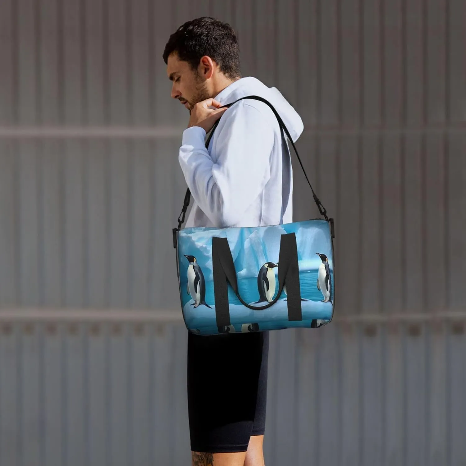 Sports Gym Bag for Women Men Travel Duffel Bag Tote Penguins On The Iceberg Weekender Bag Canvas Carry on Overnight Bag for Travel Swimming Fitness Workout Sports Duffle Bag