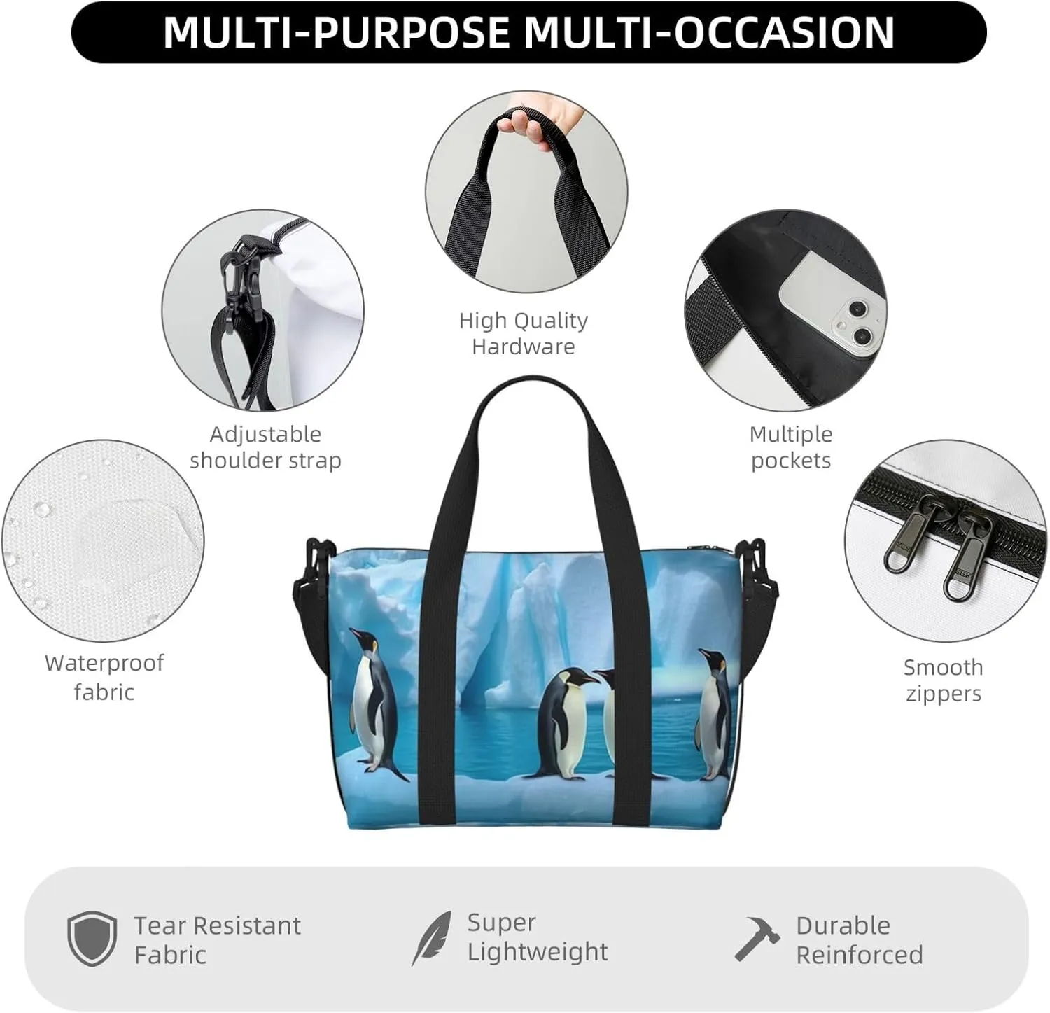 Sports Gym Bag for Women Men Travel Duffel Bag Tote Penguins On The Iceberg Weekender Bag Canvas Carry on Overnight Bag for Travel Swimming Fitness Workout Sports Duffle Bag