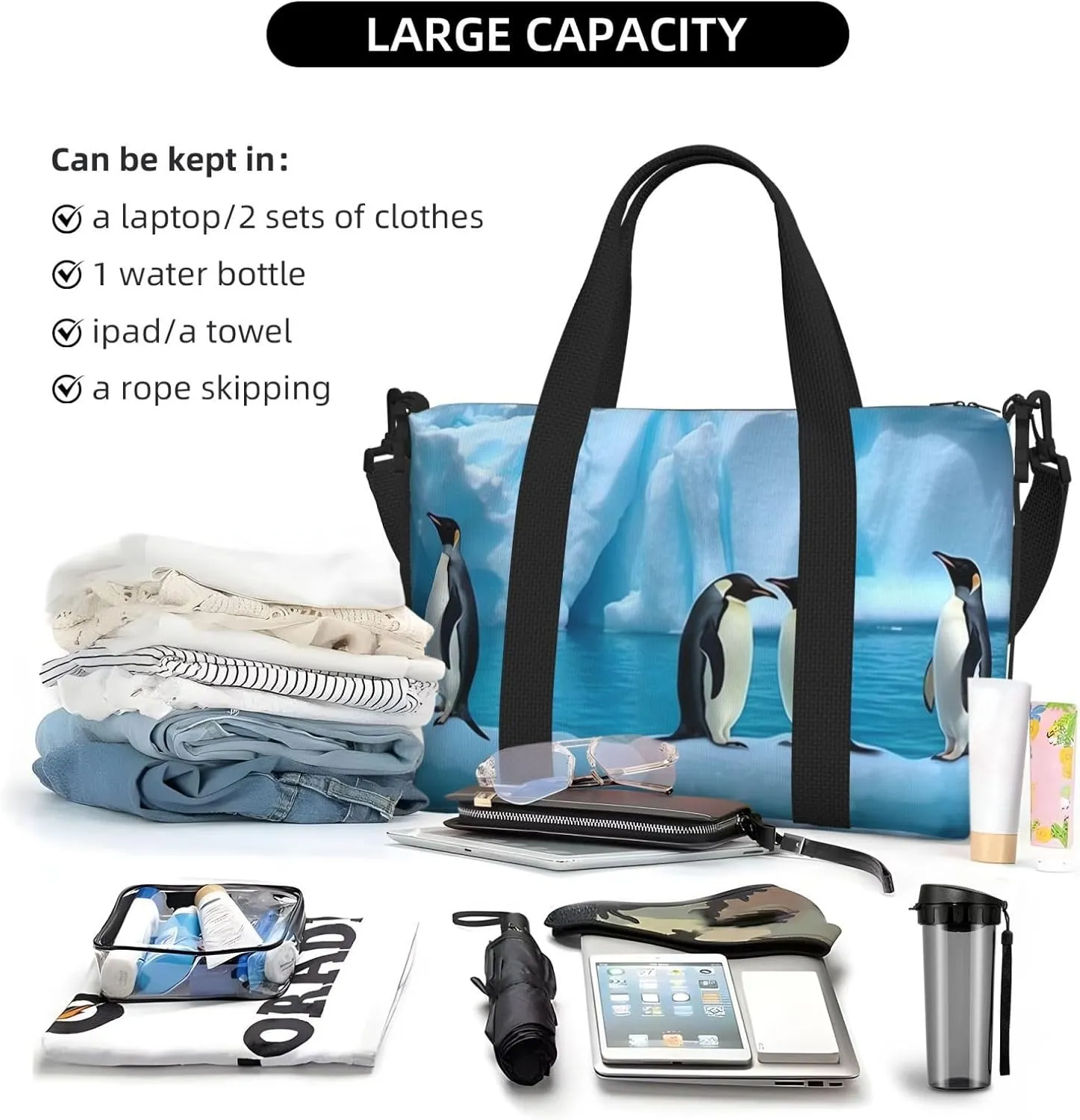 Sports Gym Bag for Women Men Travel Duffel Bag Tote Penguins On The Iceberg Weekender Bag Canvas Carry on Overnight Bag for Travel Swimming Fitness Workout Sports Duffle Bag