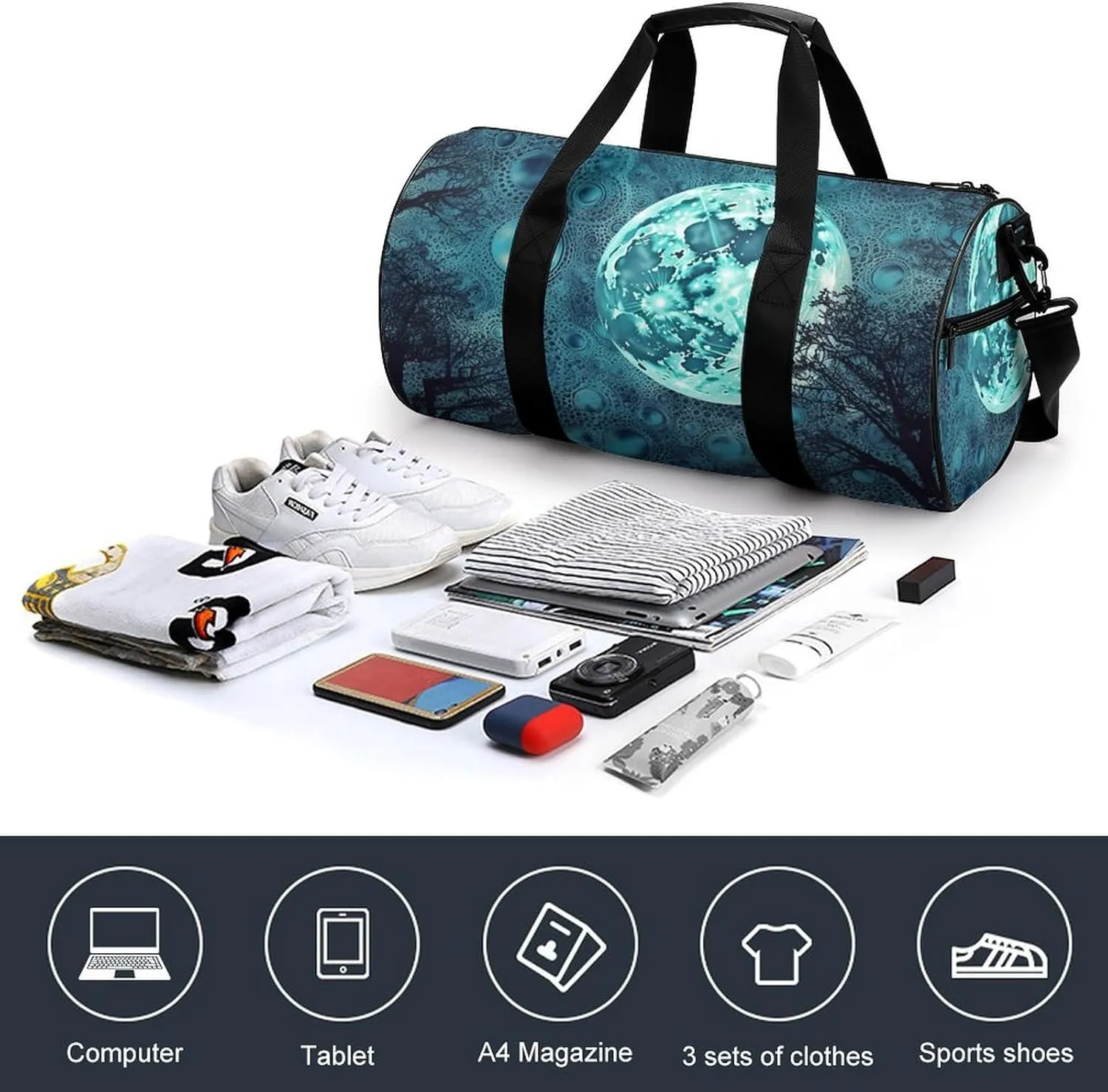 Sports Gym Bag for Women Men Travel Duffel Bag Tote Weekender Bag Blue Moon Carry on Overnight Bag for Travel Swimming Fitness Workout Sports Duffle Bag