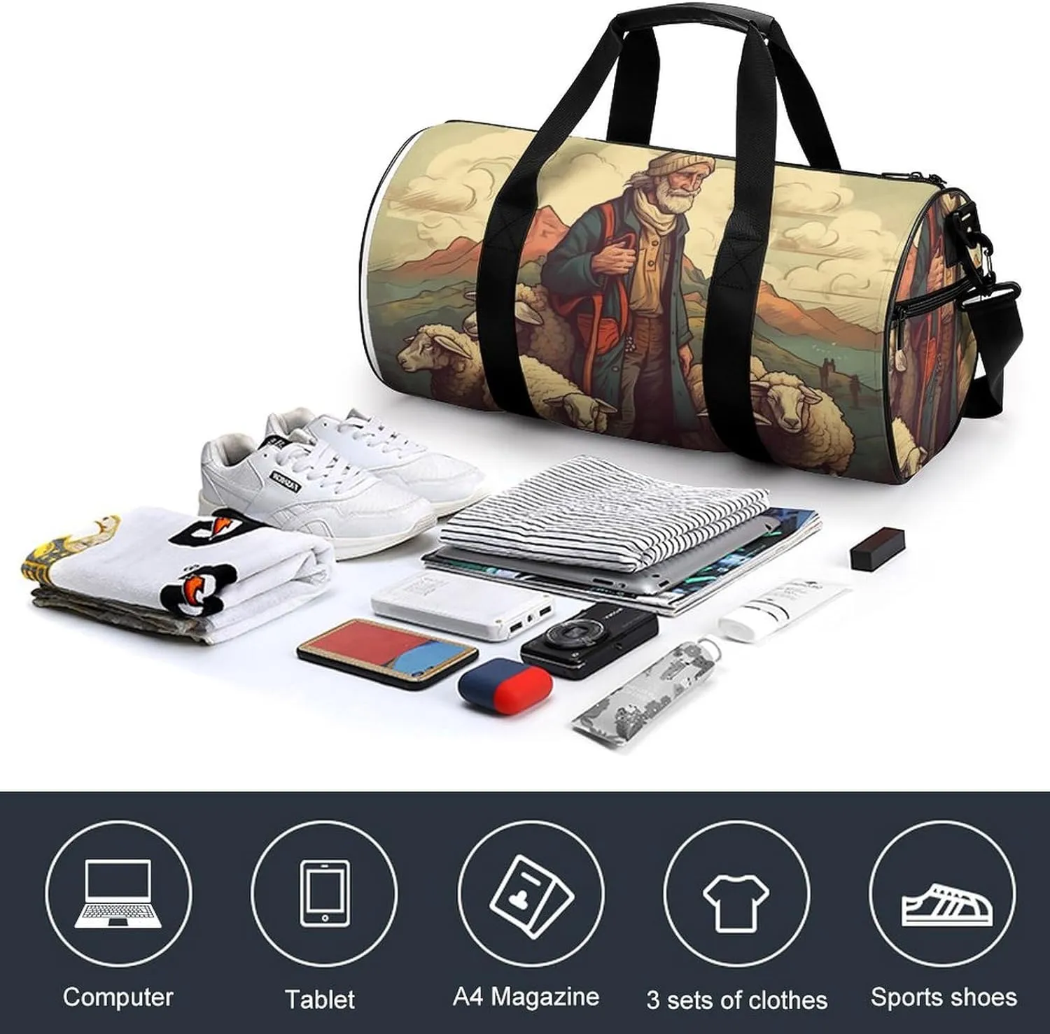 Sports Gym Bag for Women Men Travel Duffel Bag Tote Weekender Bag Man Leads The Sheep Carry on Overnight Bag for Travel Swimming Fitness Workout Sports Duffle Bag
