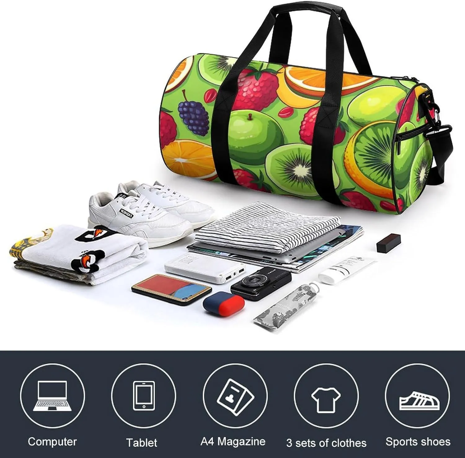 Sports Gym Bag for Women Men Travel Duffel Bag Tote Weekender Bag Various Fruits Carry on Overnight Bag for Travel Swimming Fitness Workout Sports Duffle Bag
