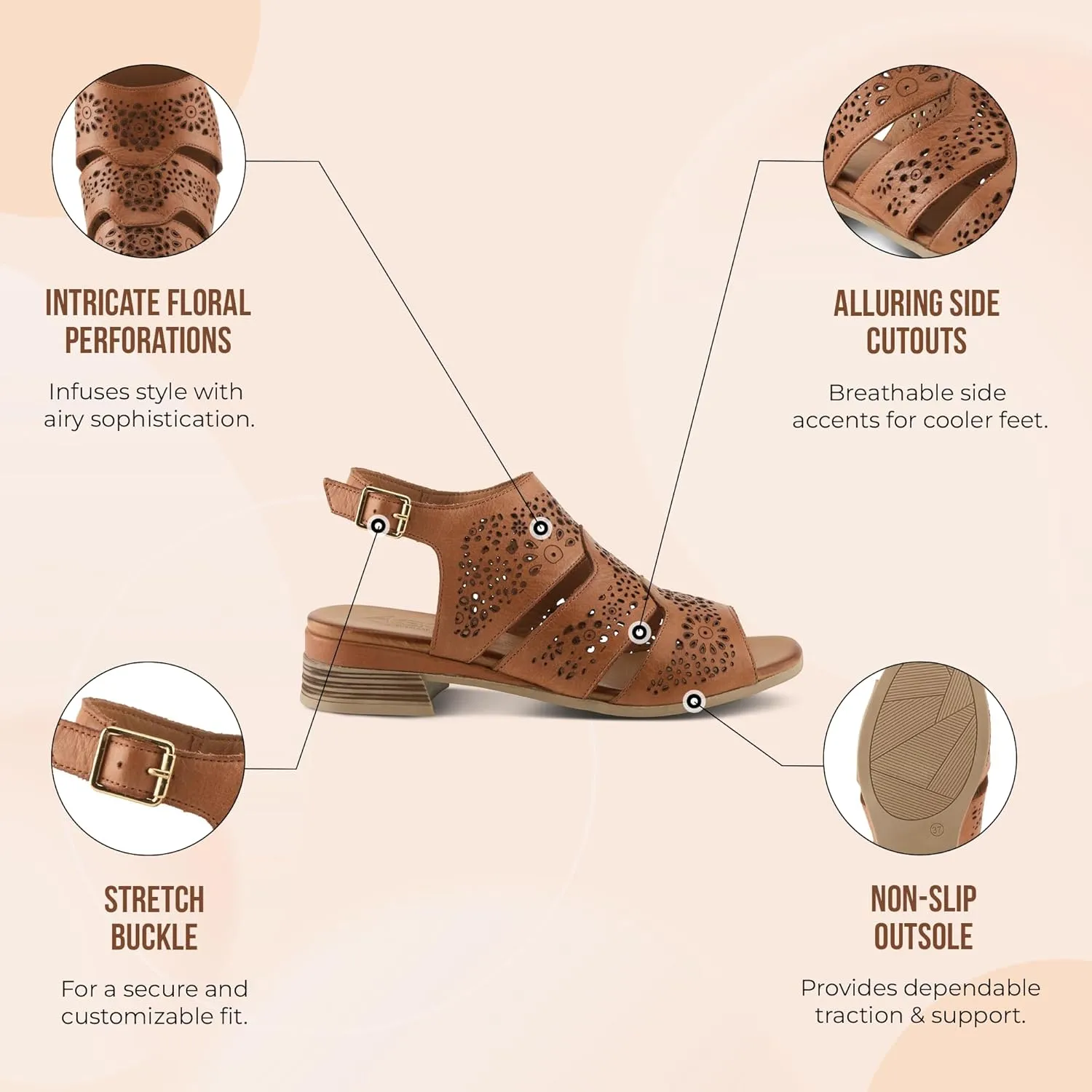 Spring Step Plasma Leather Women's Sandal | Low Heel Sandals for Women with Floral Perforated Full Coverage Upper, Stretch Buckle Closure