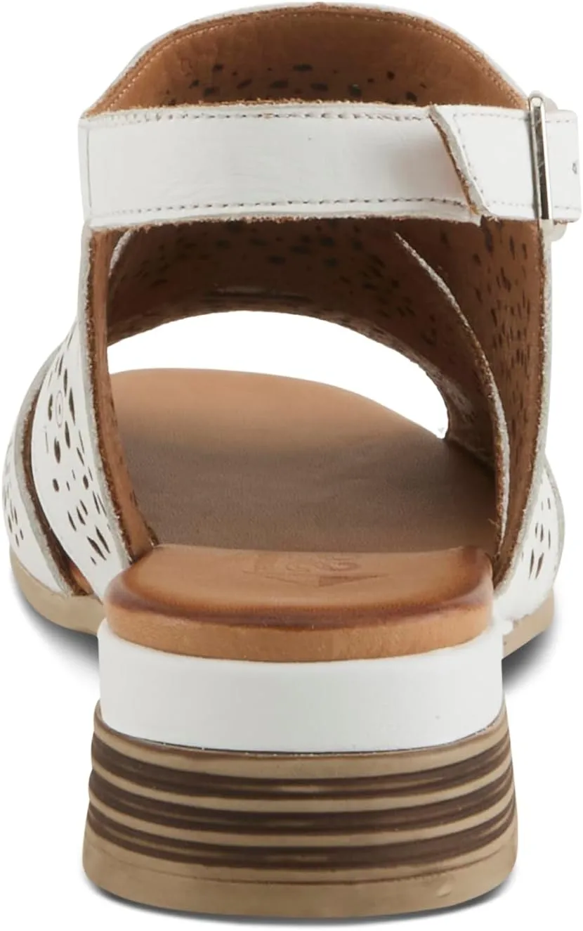Spring Step Plasma Leather Women's Sandal | Low Heel Sandals for Women with Floral Perforated Full Coverage Upper, Stretch Buckle Closure