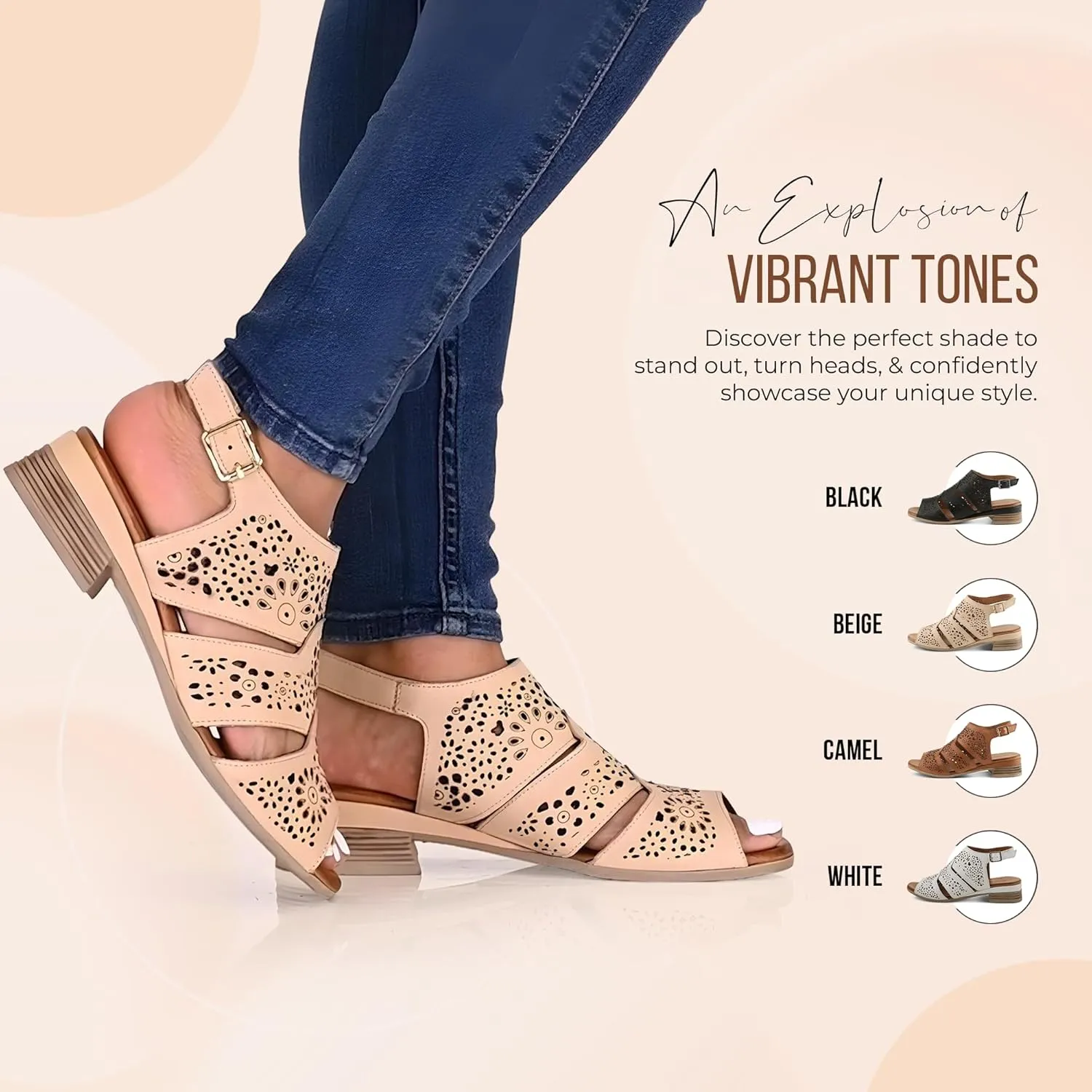Spring Step Plasma Leather Women's Sandal | Low Heel Sandals for Women with Floral Perforated Full Coverage Upper, Stretch Buckle Closure
