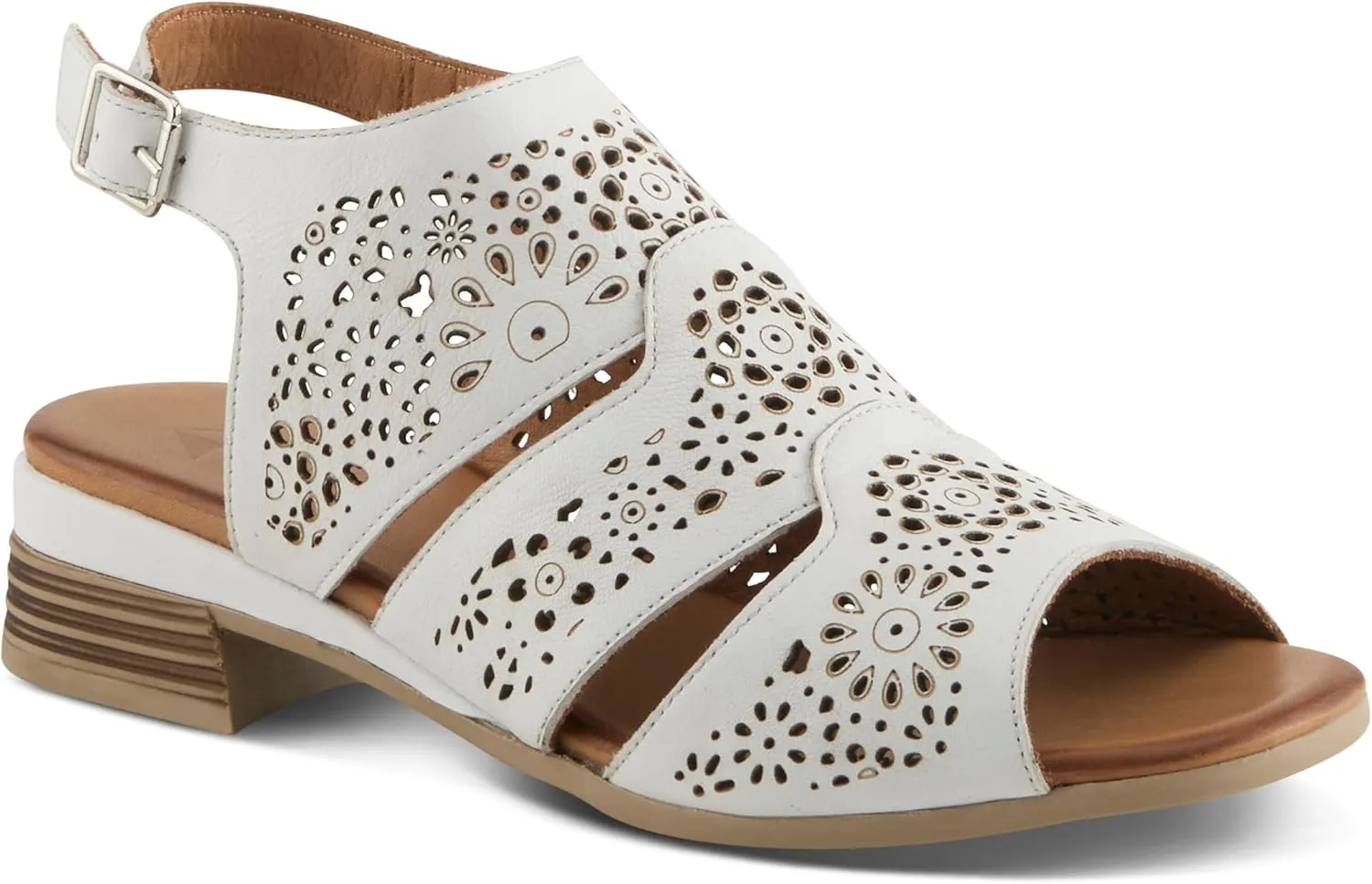 Spring Step Plasma Leather Women's Sandal | Low Heel Sandals for Women with Floral Perforated Full Coverage Upper, Stretch Buckle Closure